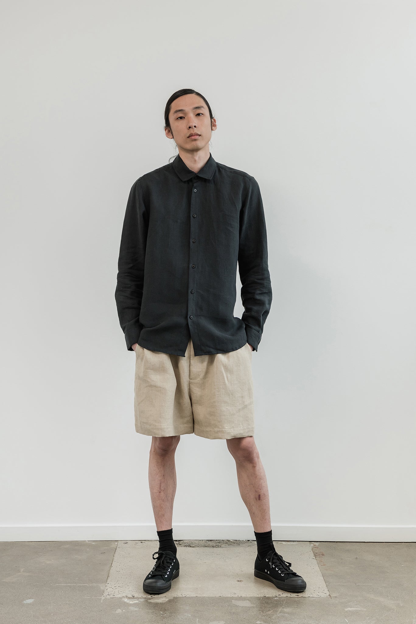 A.BCH A.04 Black Long Sleeve Button Up Shirt in Organic Linen
