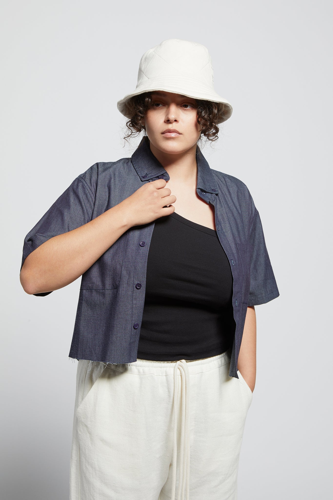 A.04 Dark Indigo Cropped Button Down Shirt in Organic Cotton