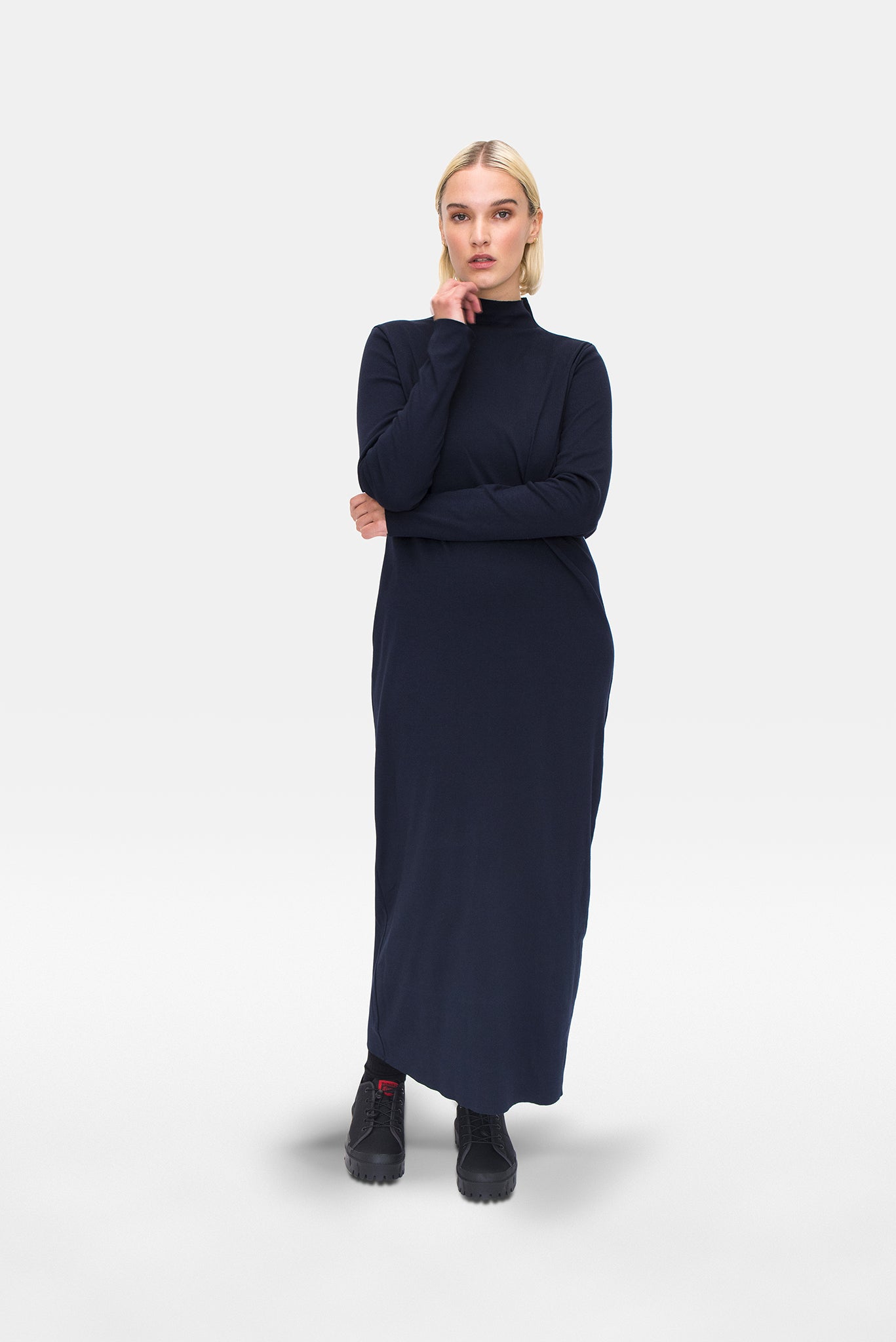 A.BCH A.14 Navy Long Sleeve Skivvy Dress in Organic Cotton Rib