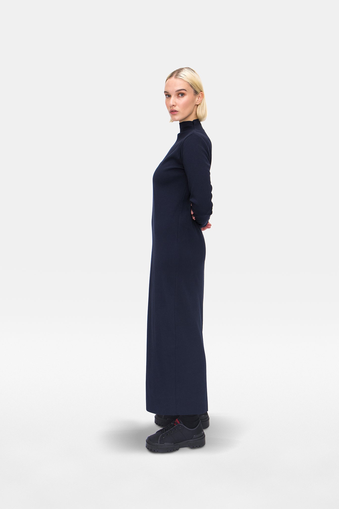 A.BCH A.14 Navy Long Sleeve Skivvy Dress in Organic Cotton Rib