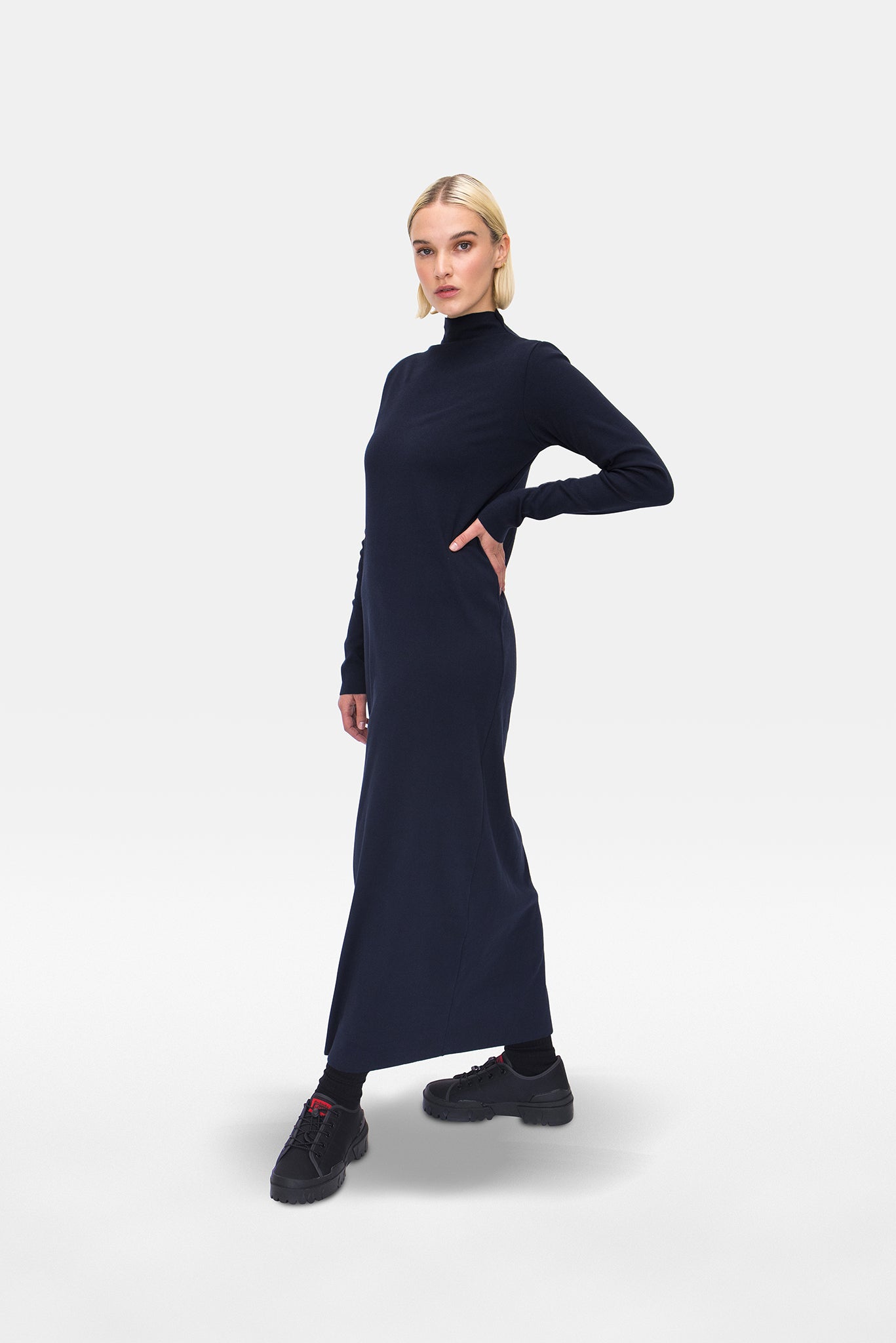 A.BCH A.14 Navy Long Sleeve Skivvy Dress in Organic Cotton Rib