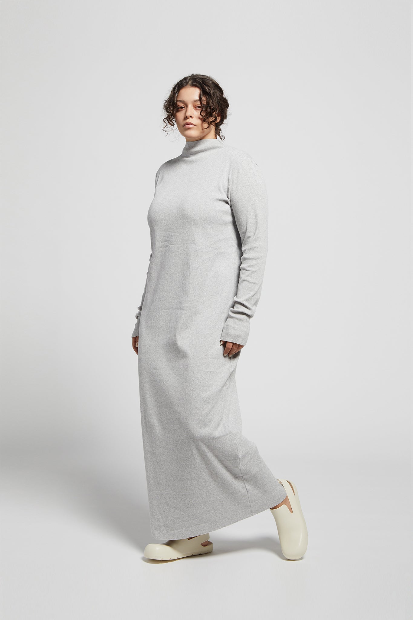 A.BCH A.14 Grey Marle Long Sleeve Skivvy Dress in Organic Cotton Rib