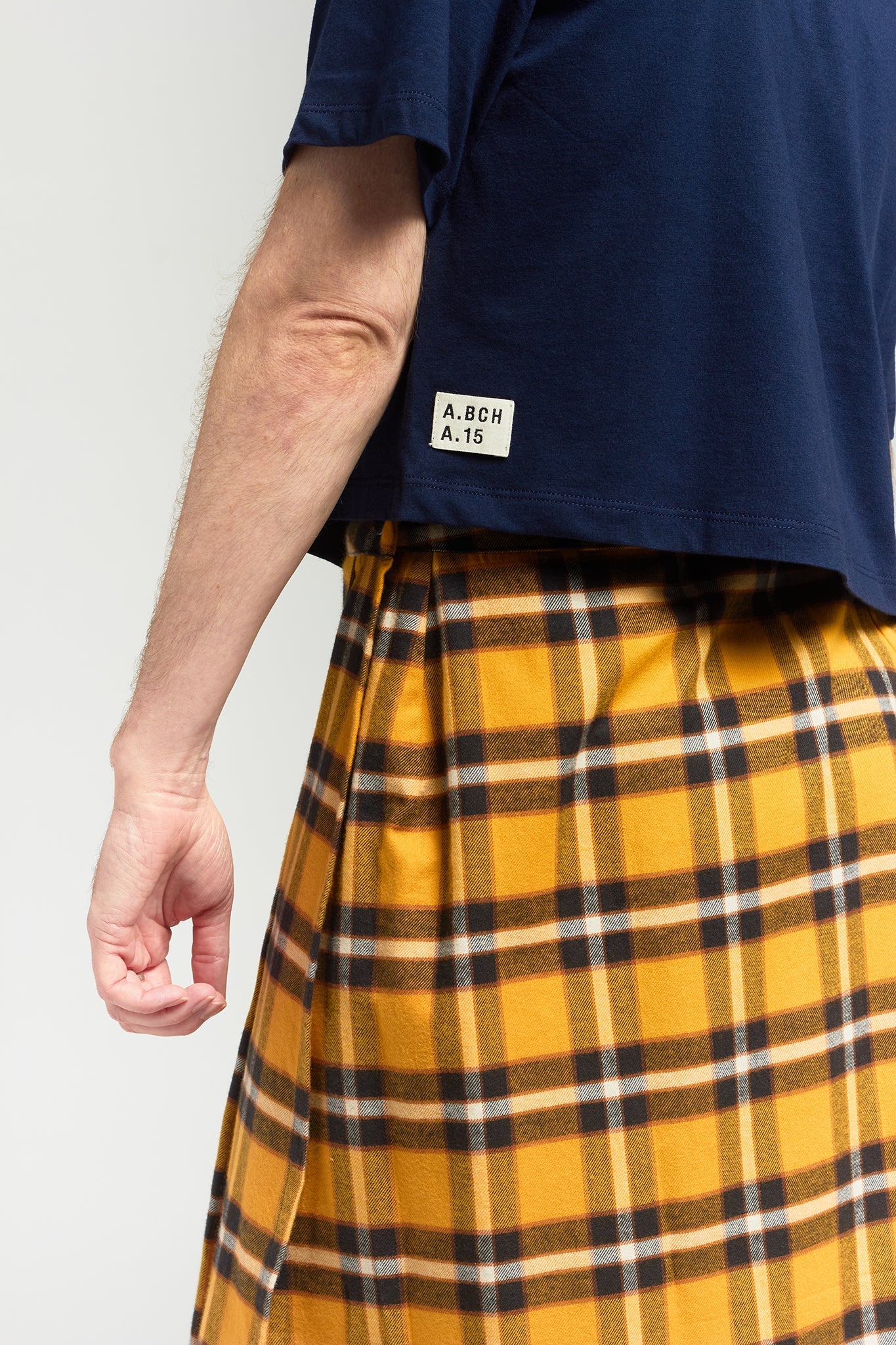 A.BCH A.25 Bolt Navy Marigold Plaid Skirt in Fine Flannel Japanese Organic Cotton