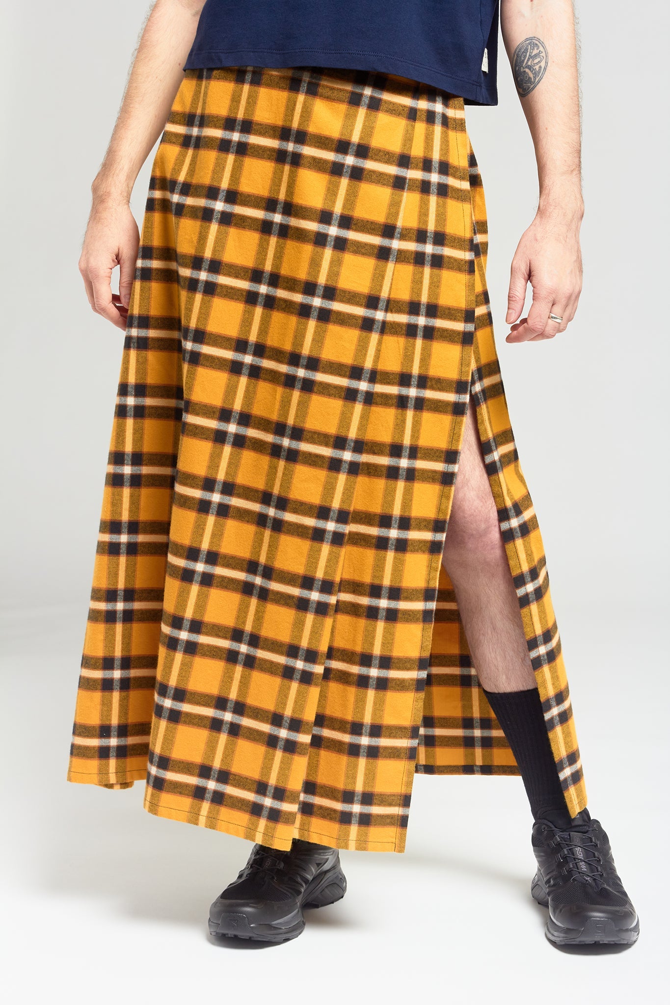 A.BCH A.25 Bolt Navy Marigold Plaid Skirt in Fine Flannel Japanese Organic Cotton
