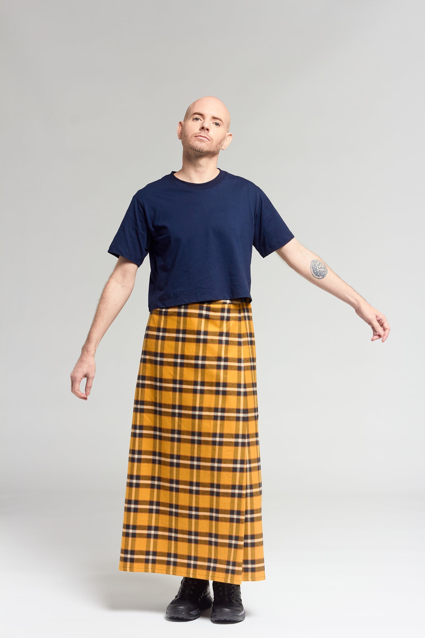 A.BCH A.25 Bolt Navy Marigold Plaid Skirt in Fine Flannel Japanese Organic Cotton