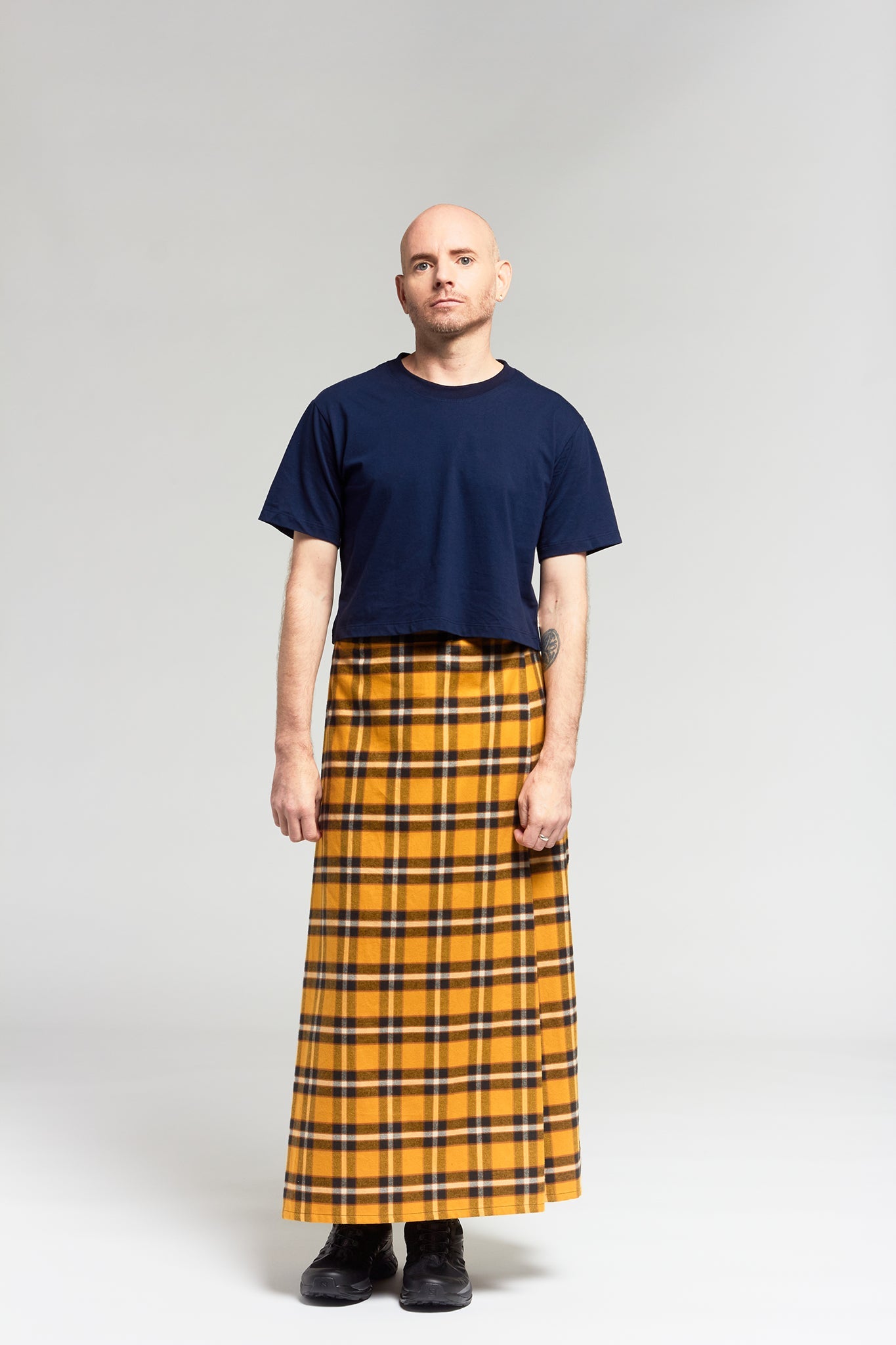 A.BCH A.25 Bolt Navy Marigold Plaid Skirt in Fine Flannel Japanese Organic Cotton