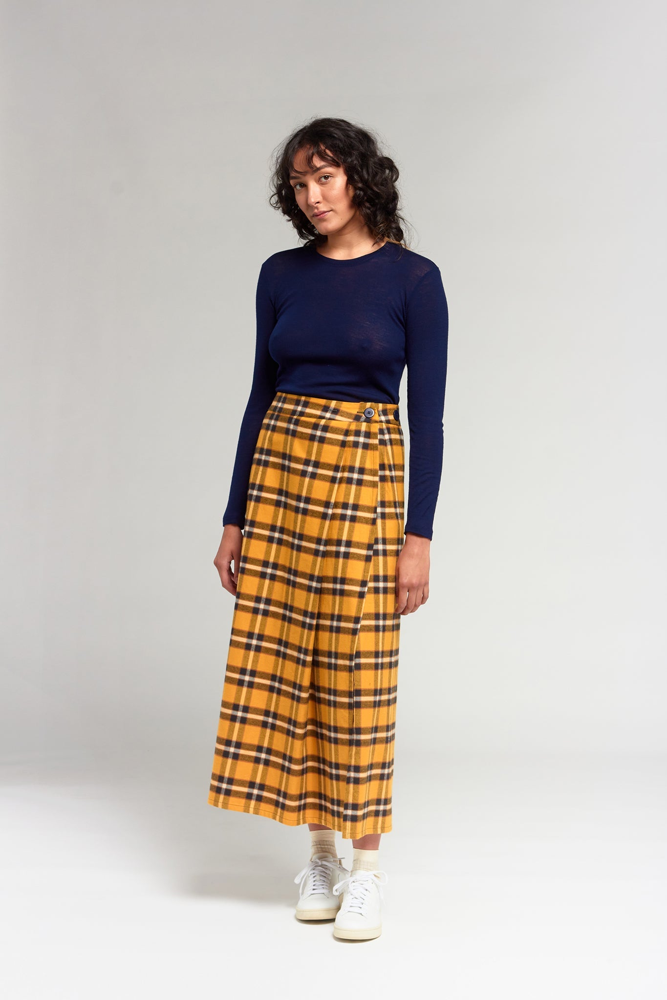 A.BCH A.25 Bolt Navy Marigold Plaid Skirt in Fine Flannel Japanese Organic Cotton