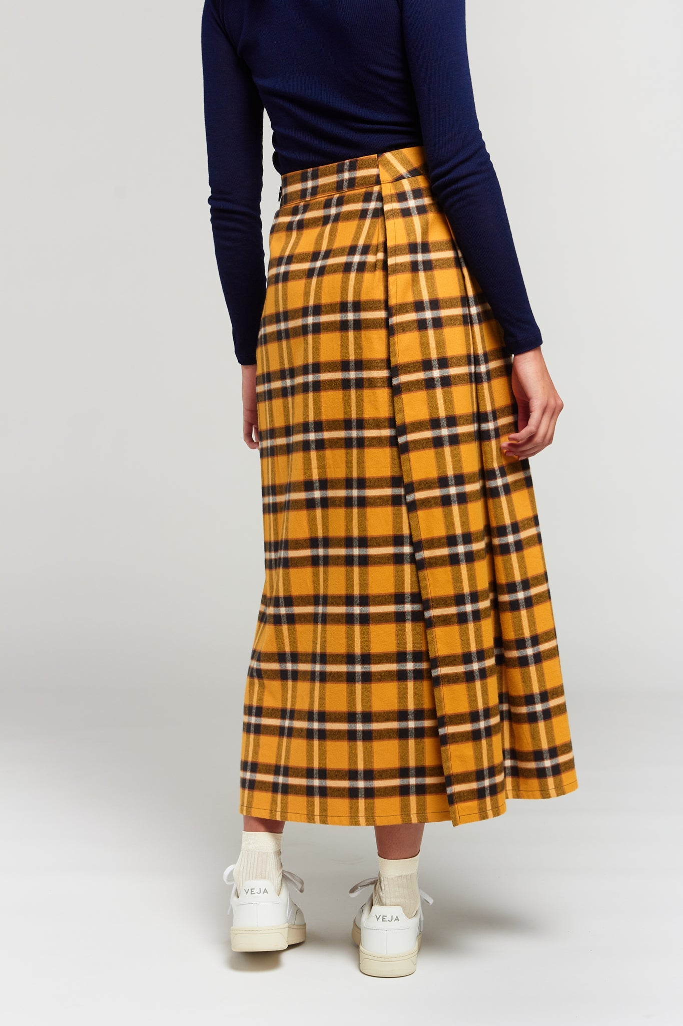 A.BCH A.25 Bolt Navy Marigold Plaid Skirt in Fine Flannel Japanese Organic Cotton