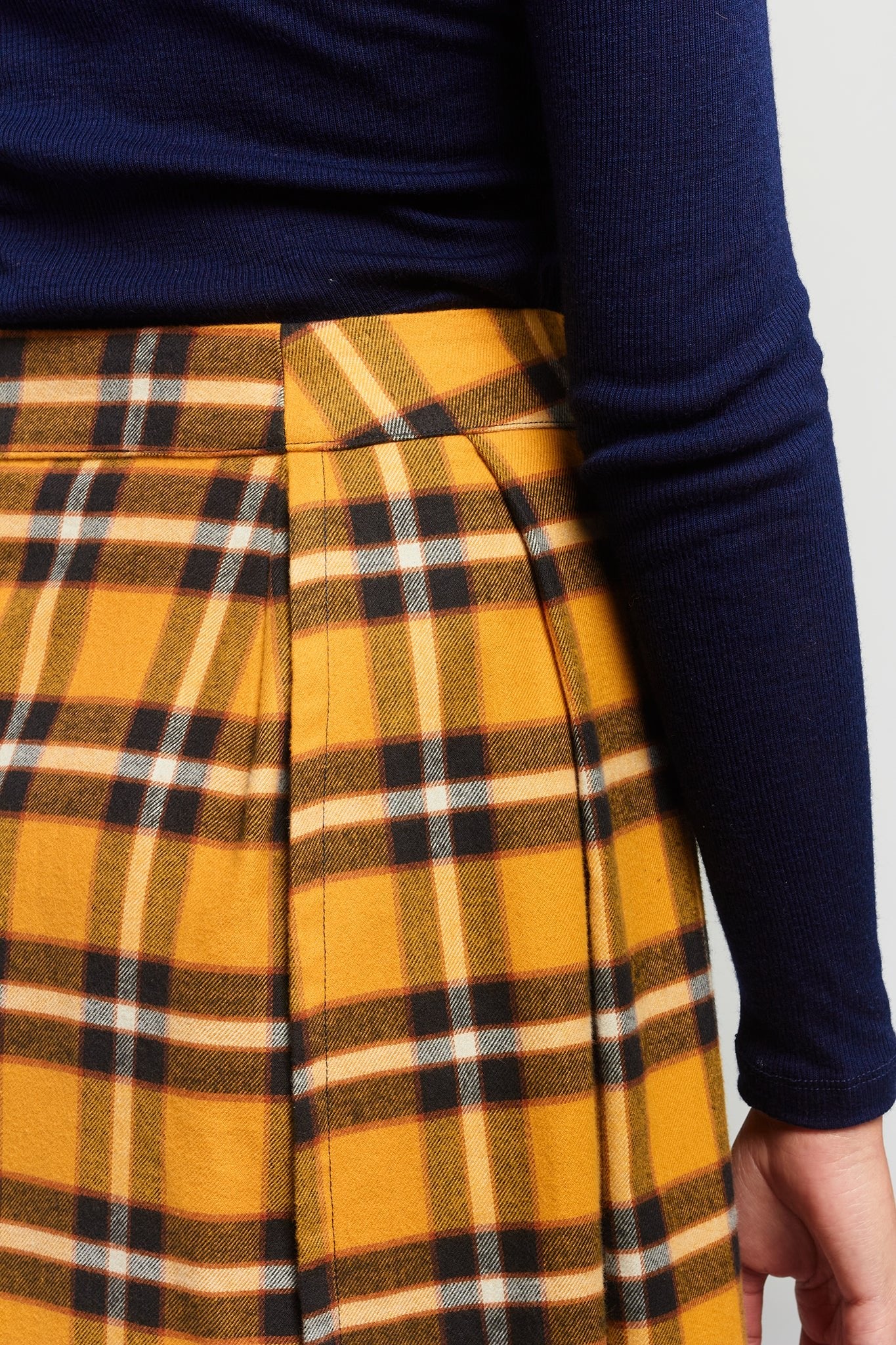 A.BCH A.25 Bolt Navy Marigold Plaid Skirt in Fine Flannel Japanese Organic Cotton