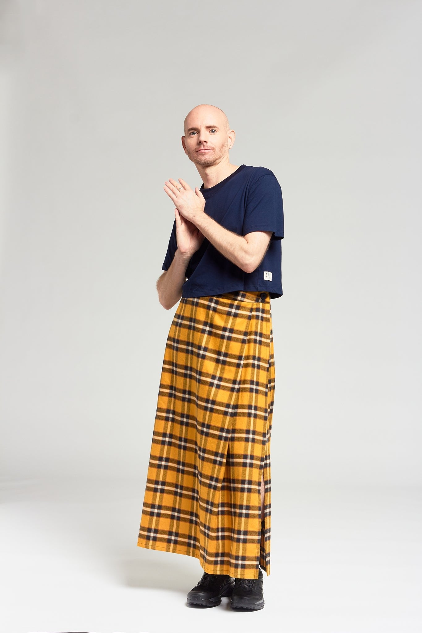 A.BCH A.25 Bolt Navy Marigold Plaid Skirt in Fine Flannel Japanese Organic Cotton