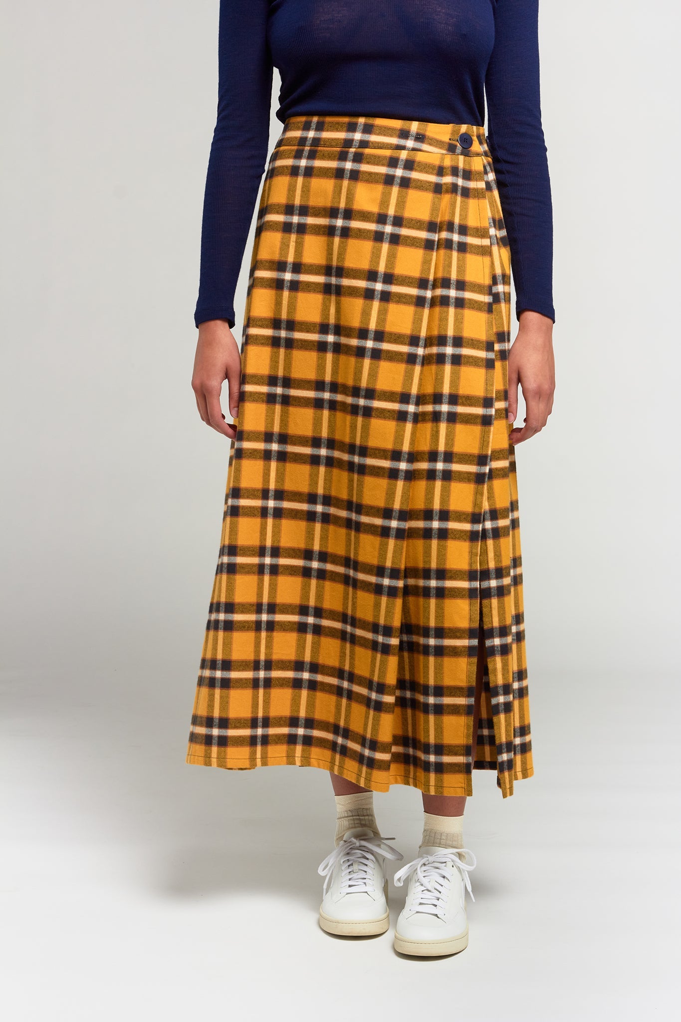A.BCH A.25 Bolt Navy Marigold Plaid Skirt in Fine Flannel Japanese Organic Cotton
