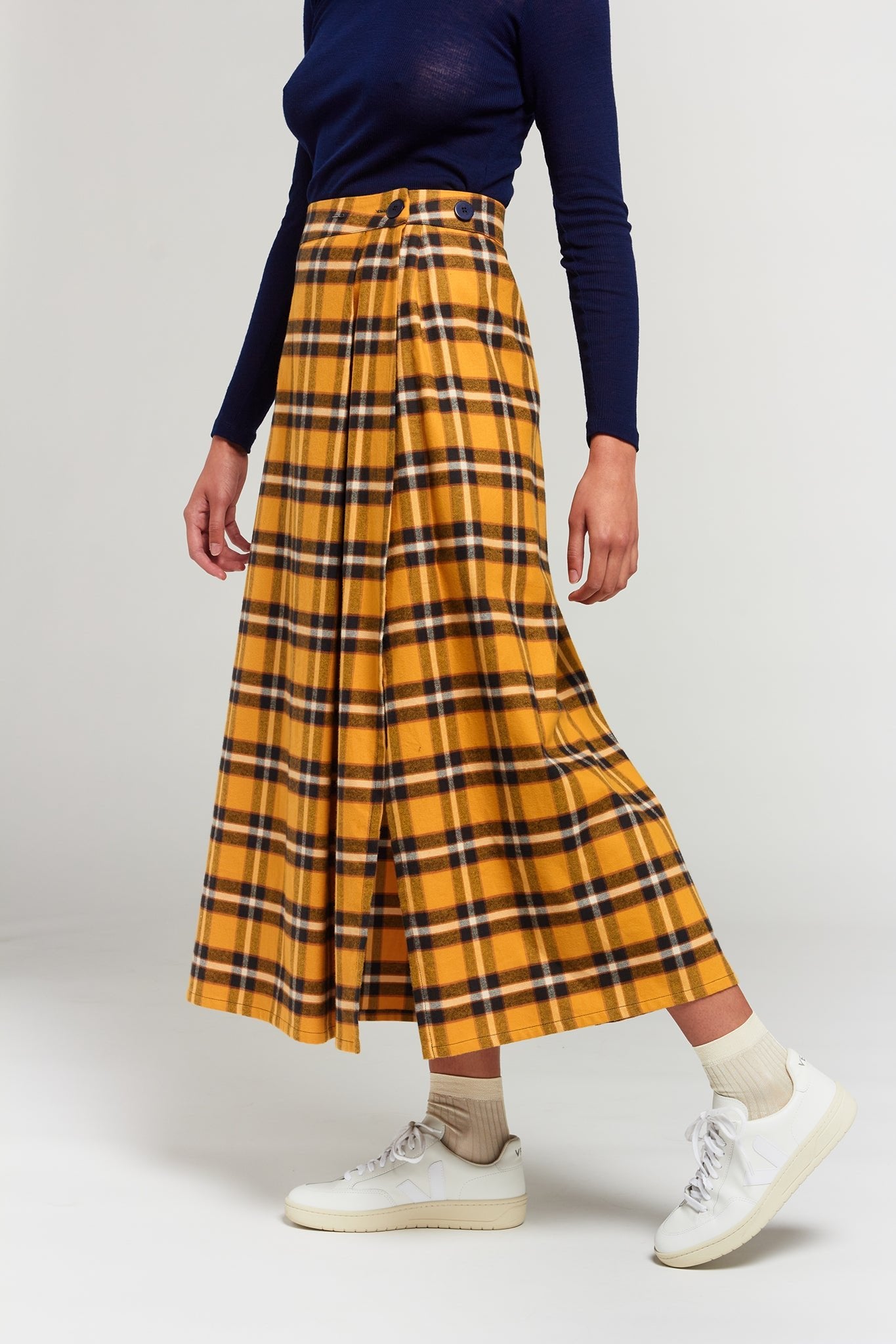 A.BCH A.25 Bolt Navy Marigold Plaid Skirt in Fine Flannel Japanese Organic Cotton