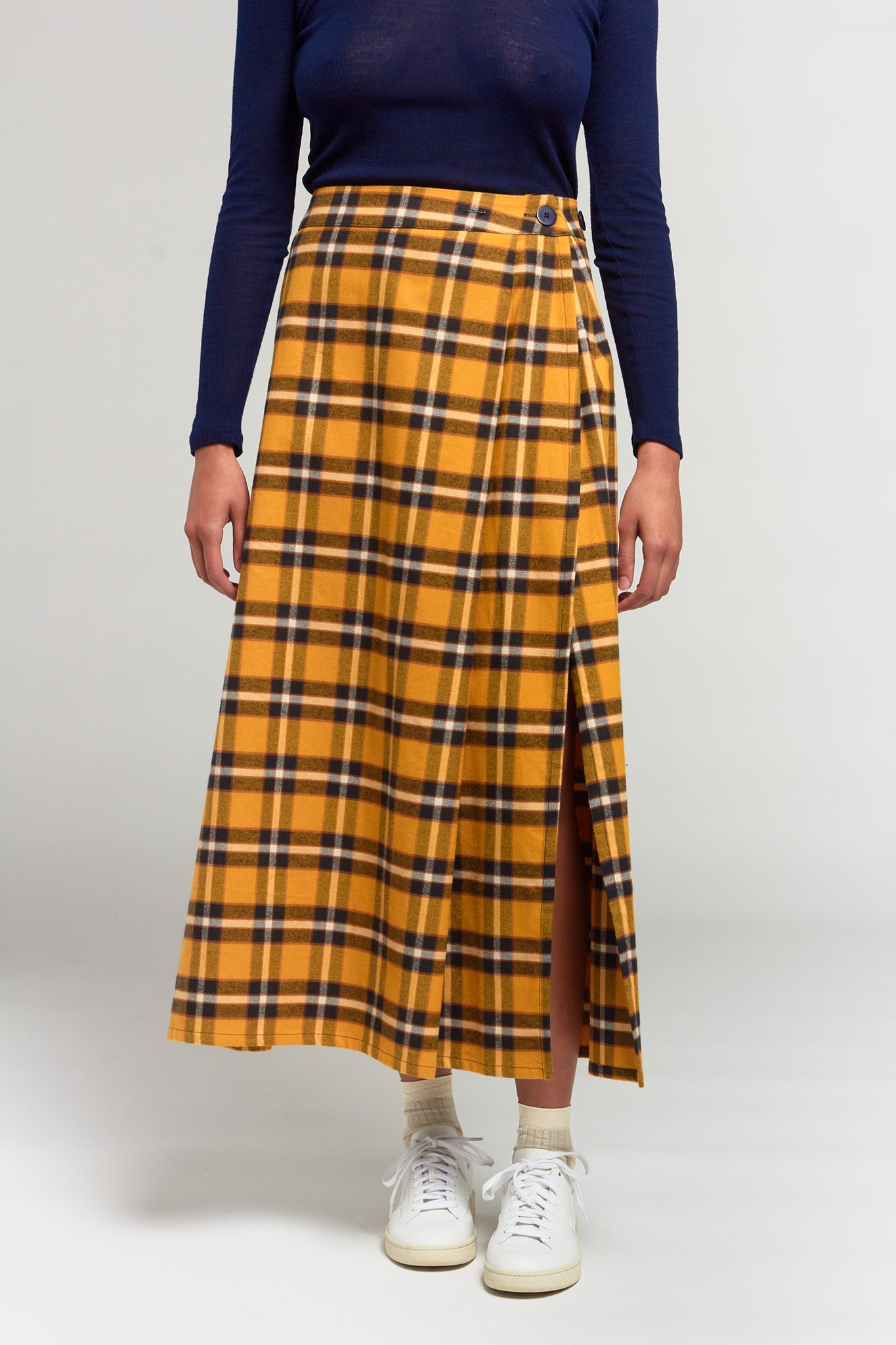 A.BCH A.25 Bolt Navy Marigold Plaid Skirt in Fine Flannel Japanese Organic Cotton