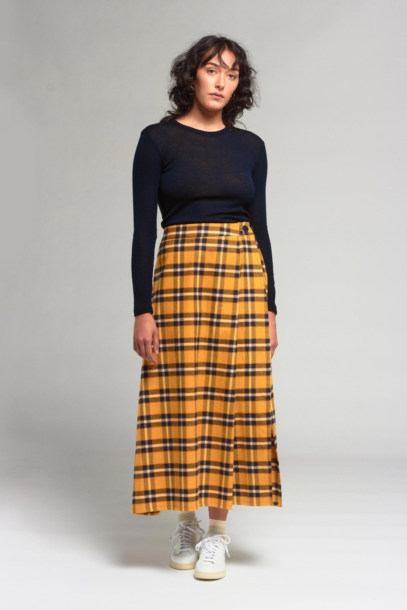 A.BCH A.25 Bolt Navy Marigold Plaid Skirt in Fine Flannel Japanese Organic Cotton