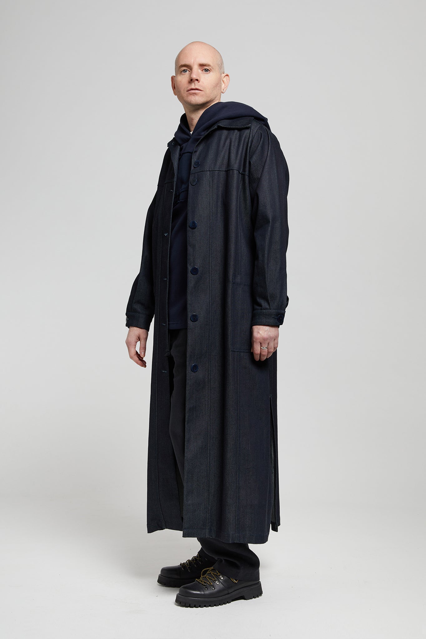 A.BCH A.38 Dark Indigo Raw Denim Trench Coat in Organic Cotton