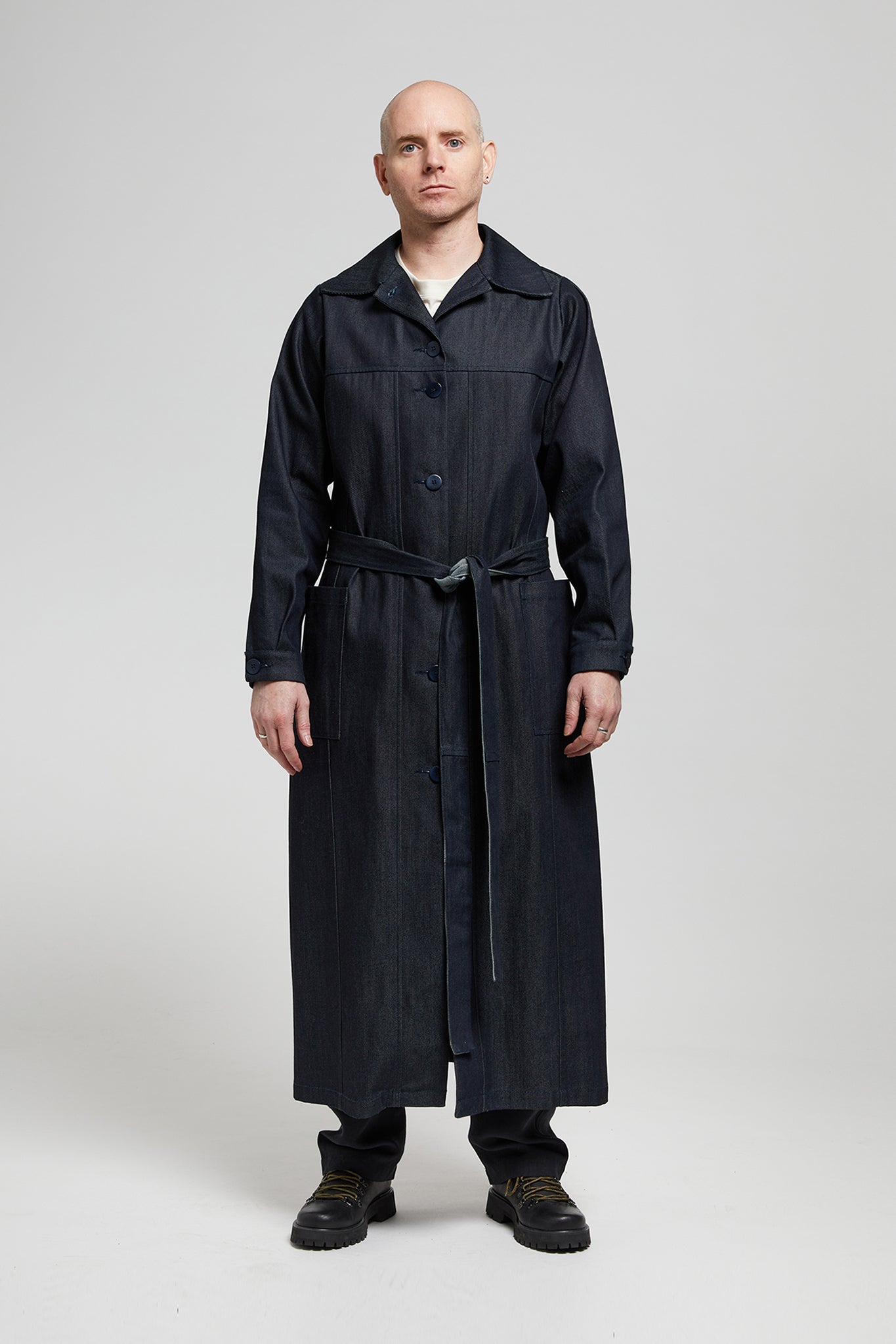 A.BCH A.38 Dark Indigo Raw Denim Trench Coat in Organic Cotton