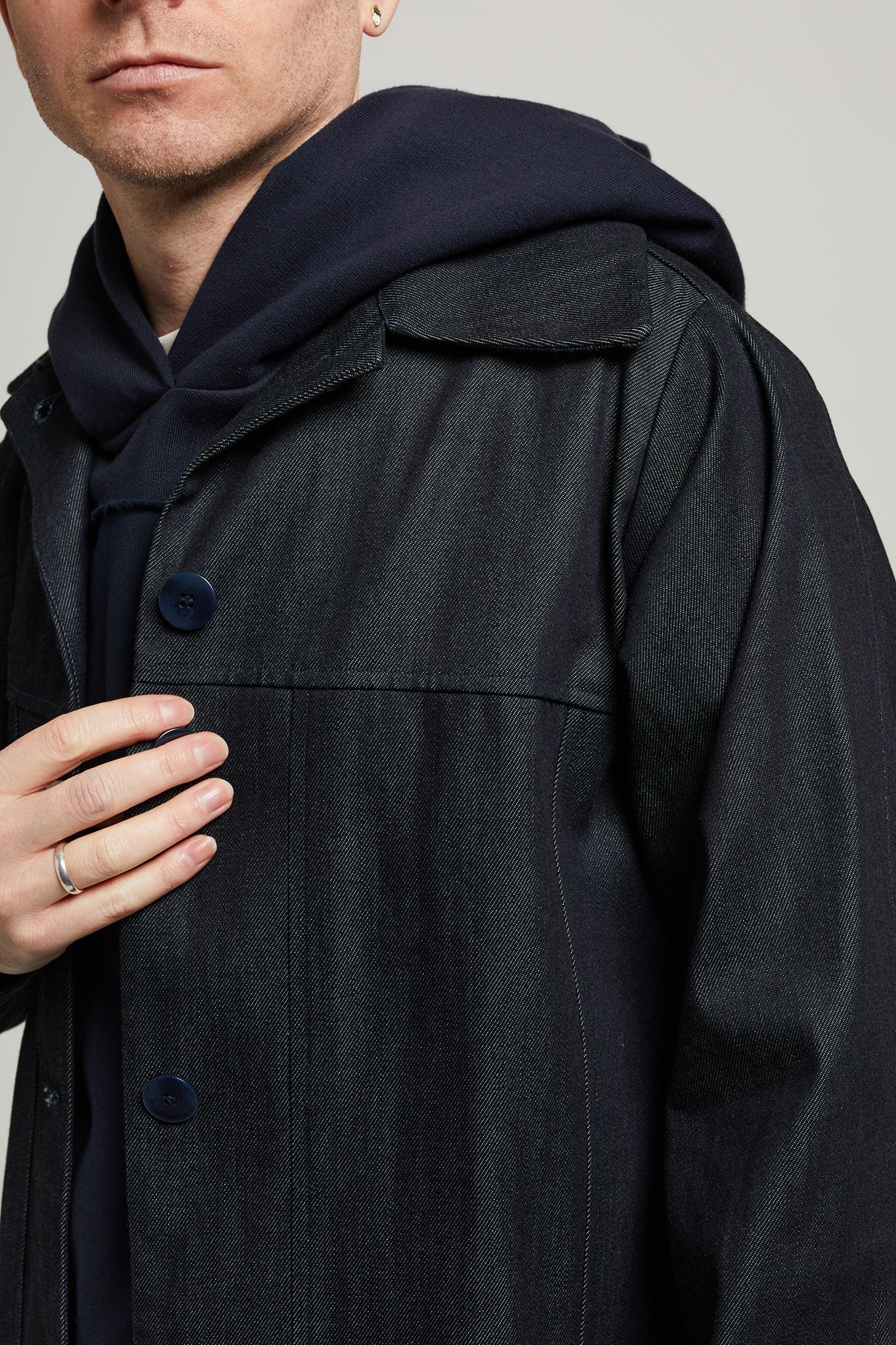 A.BCH A.38 Dark Indigo Raw Denim Trench Coat in Organic Cotton