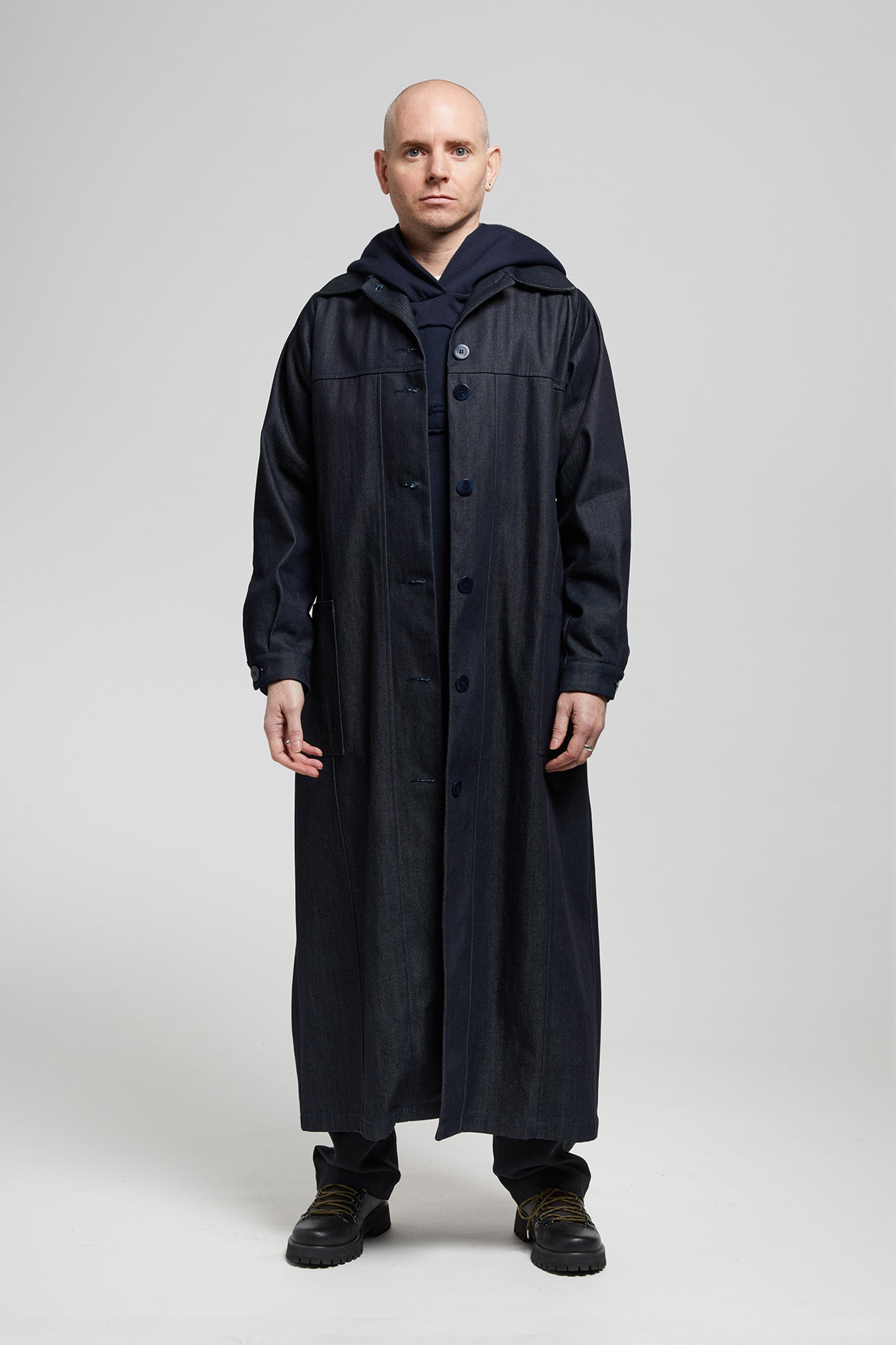 A.BCH A.38 Dark Indigo Raw Denim Trench Coat in Organic Cotton