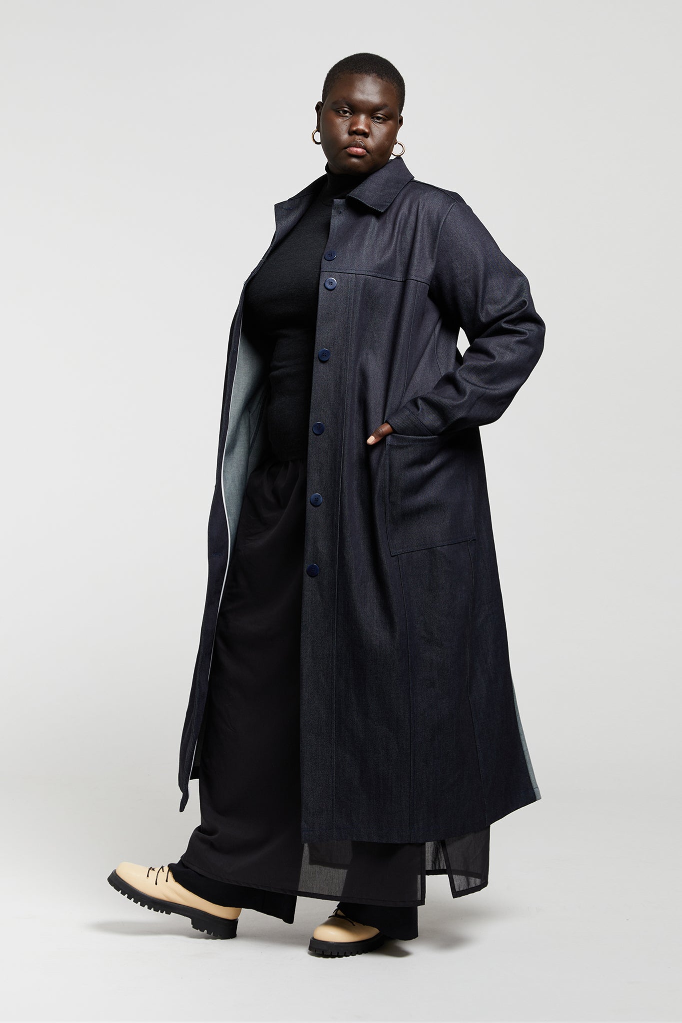 A.BCH A.38 Dark Indigo Raw Denim Trench Coat in Organic Cotton