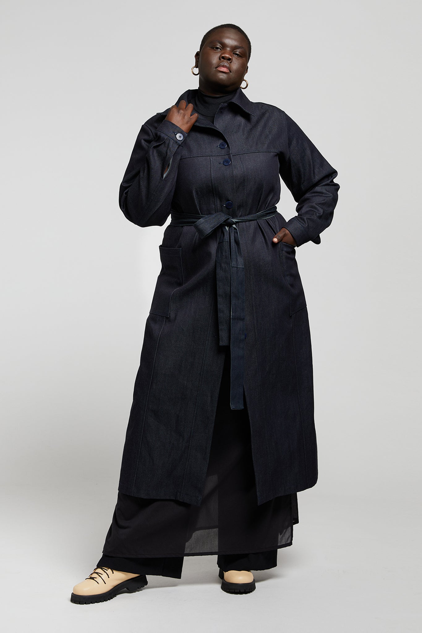 A.BCH A.38 Dark Indigo Raw Denim Trench Coat in Organic Cotton