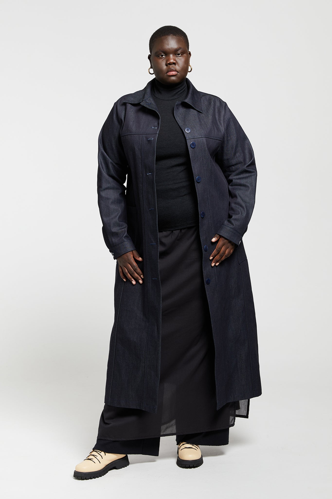 A.BCH A.38 Dark Indigo Raw Denim Trench Coat in Organic Cotton