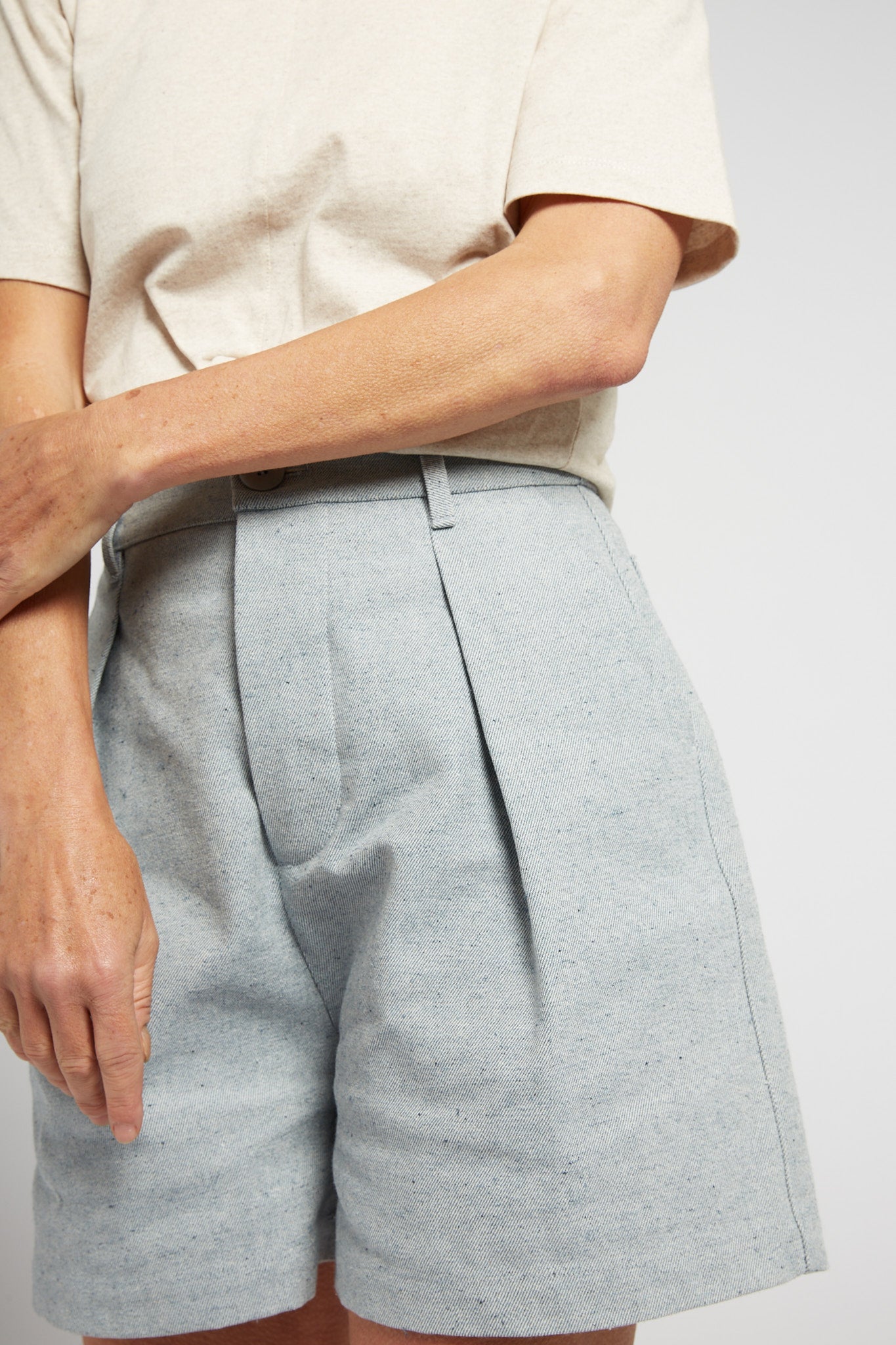 A.BCH A.39 Recycled Denim Tailored Shorts in Light Indigo