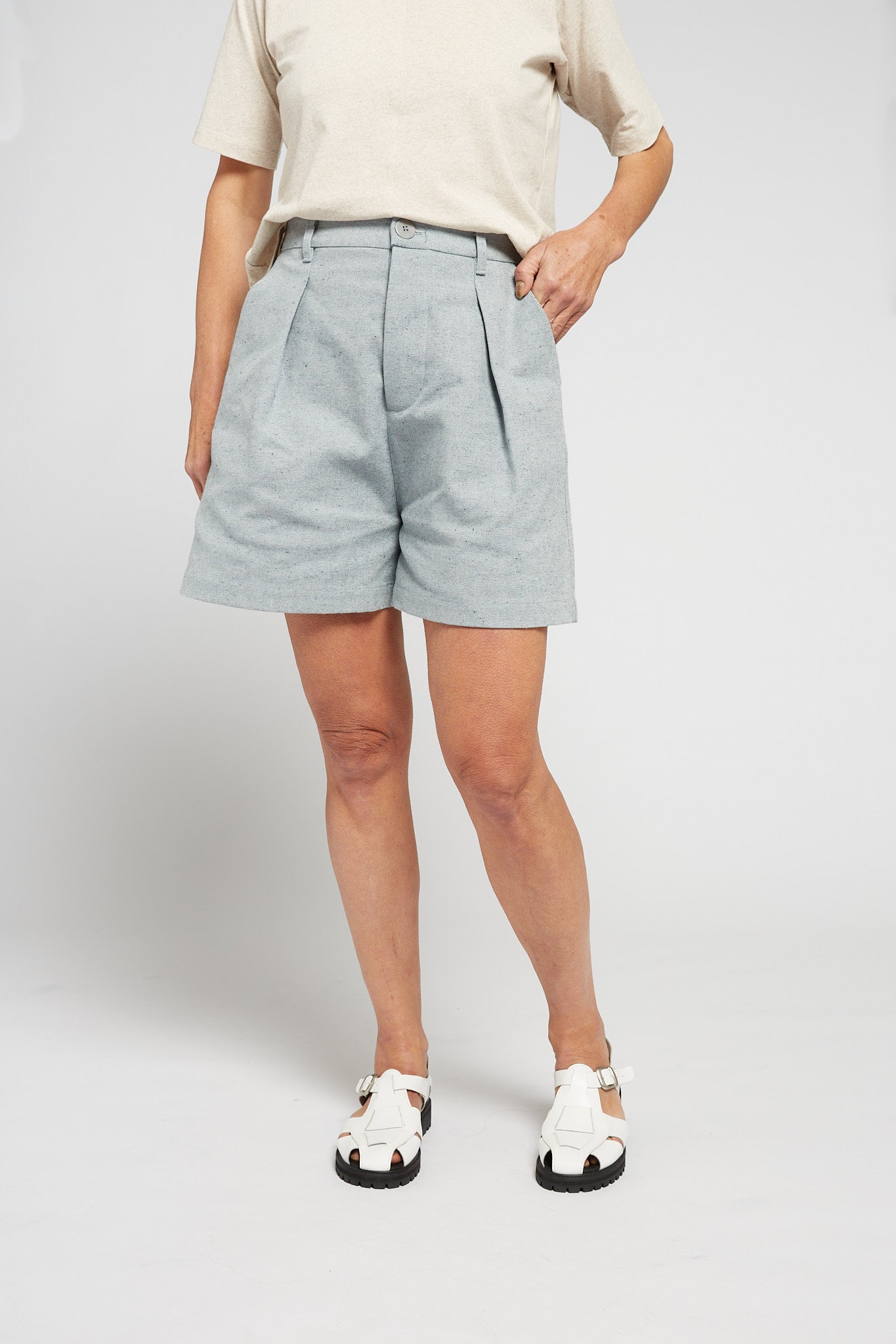 A.BCH A.39 Recycled Denim Tailored Shorts in Light Indigo