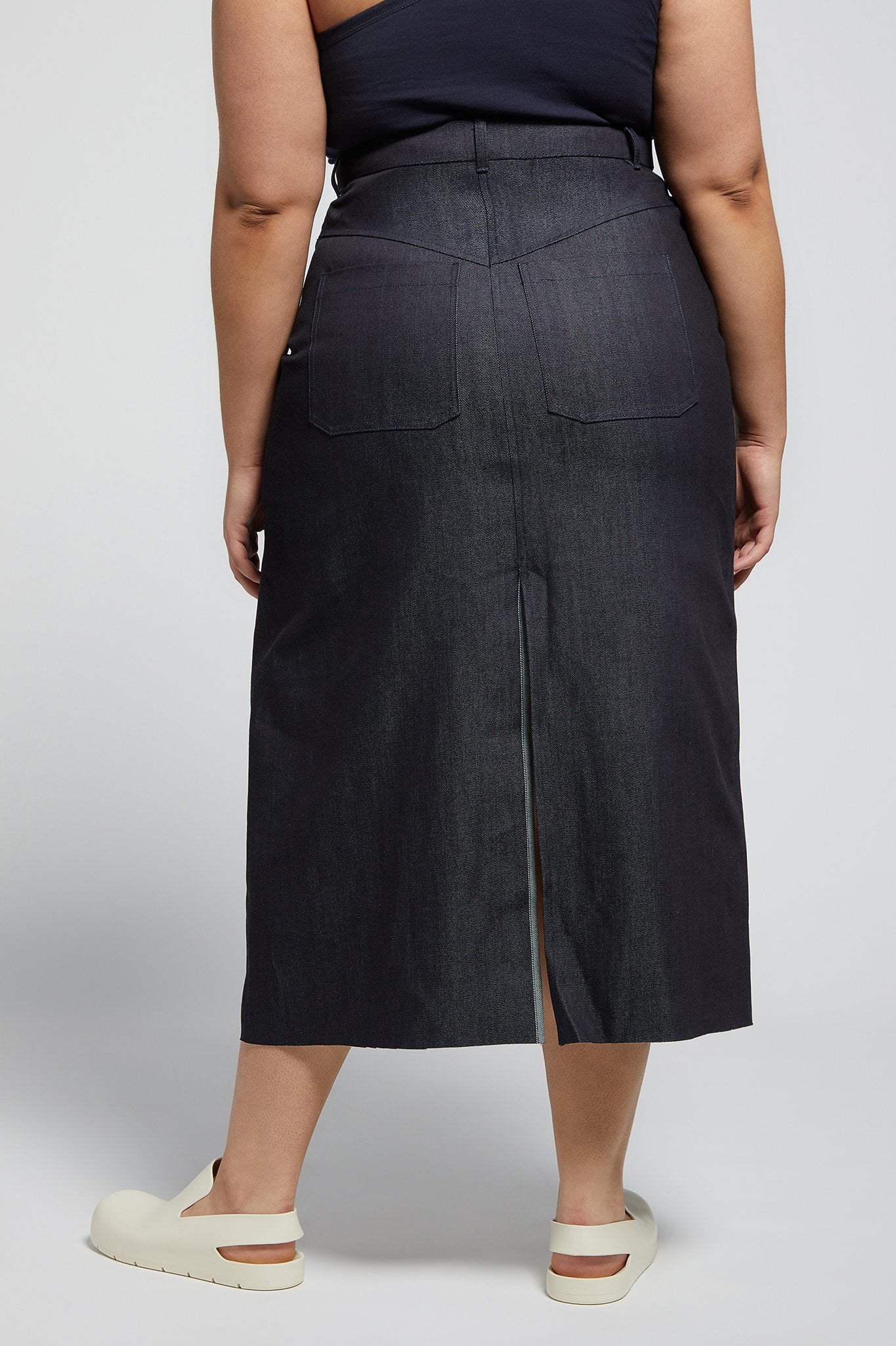 A.BCH A.40 Dark Indigo Raw Denim Midi Skirt in Organic Cotton