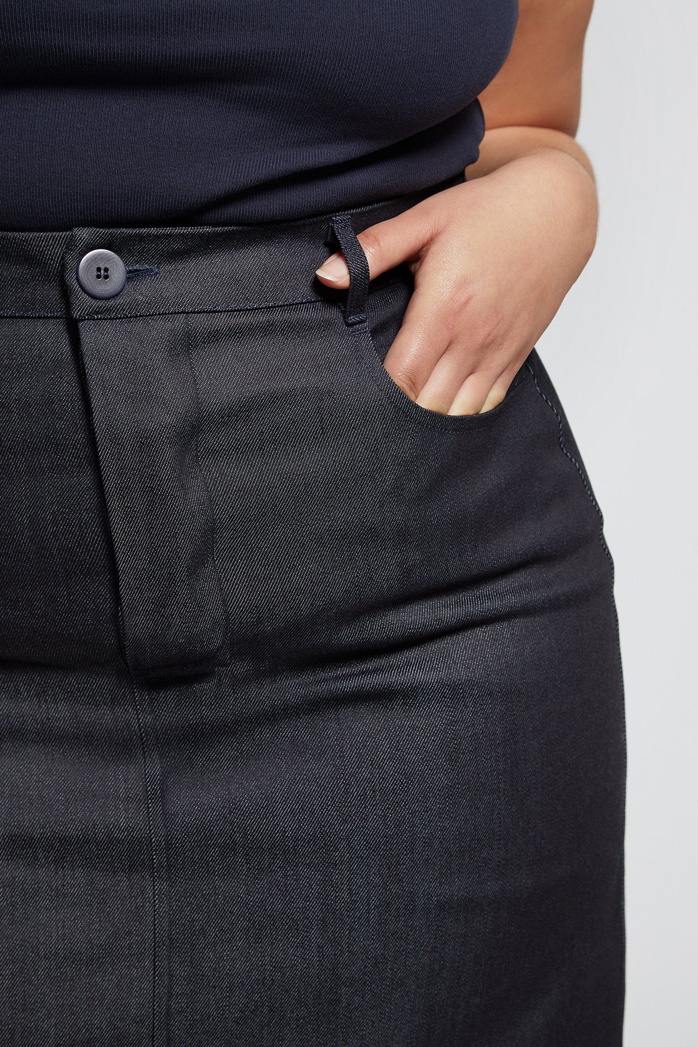 A.BCH A.40 Dark Indigo Raw Denim Midi Skirt in Organic Cotton
