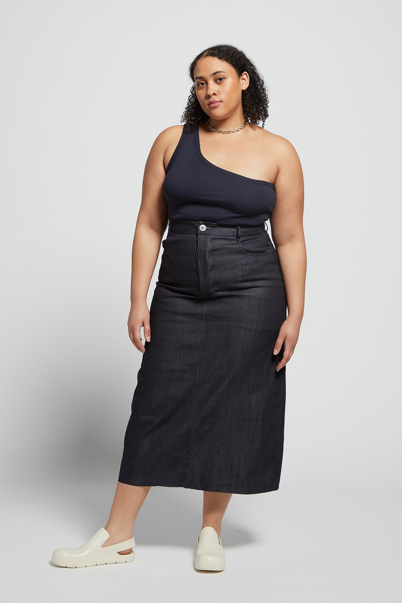 A.BCH A.40 Dark Indigo Raw Denim Midi Skirt in Organic Cotton