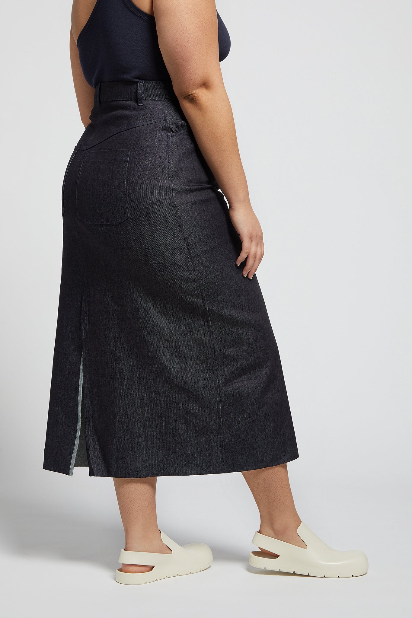 A.BCH A.40 Dark Indigo Raw Denim Midi Skirt in Organic Cotton
