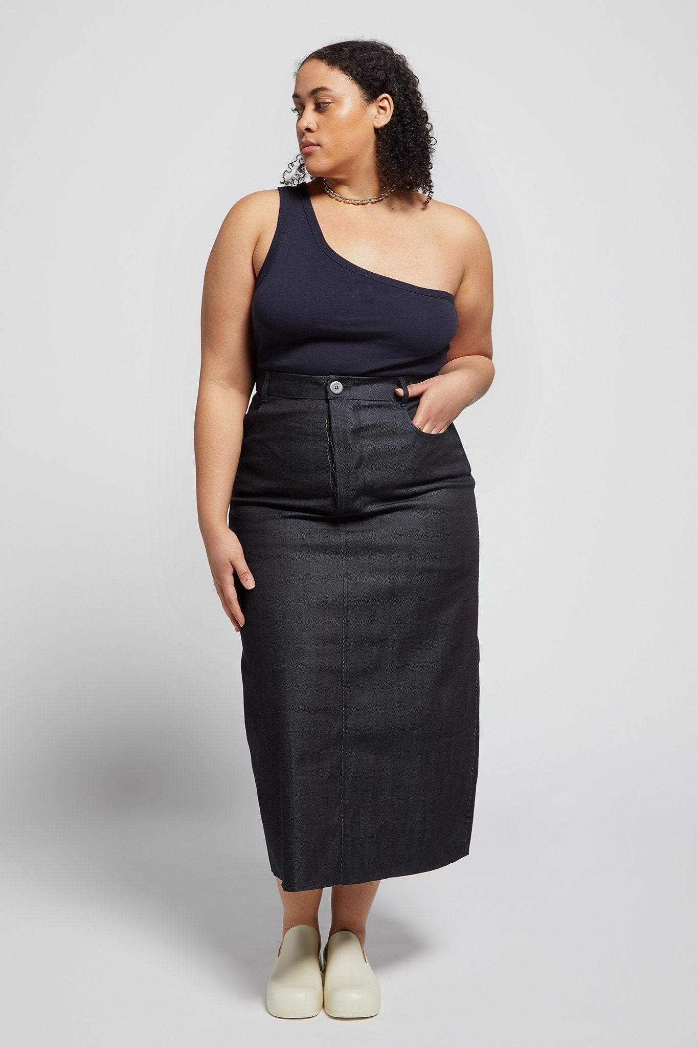 A.BCH A.40 Dark Indigo Raw Denim Midi Skirt in Organic Cotton
