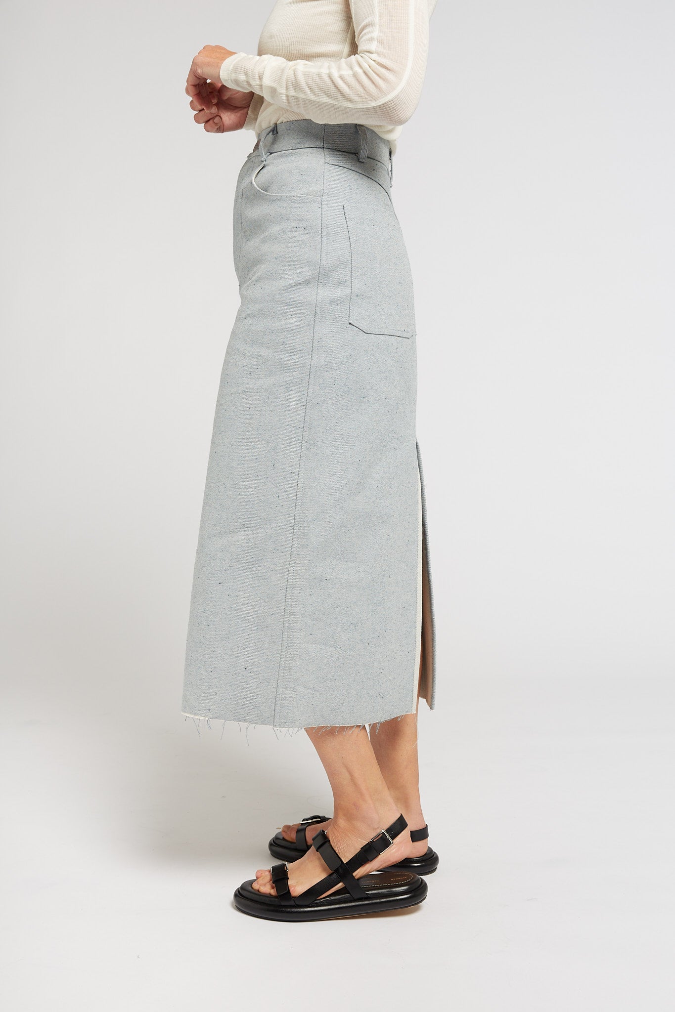 A.BCH A.40 Light Indigo Denim Midi Skirt in Recycled Cotton