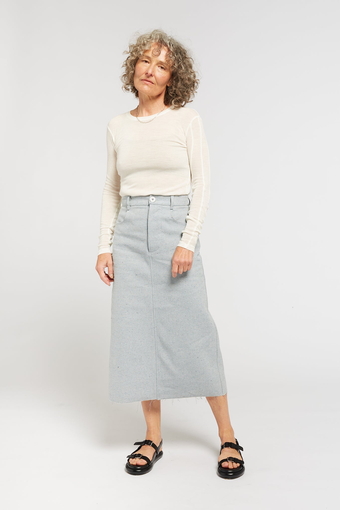 A.BCH A.40 Light Indigo Denim Midi Skirt in Recycled Cotton