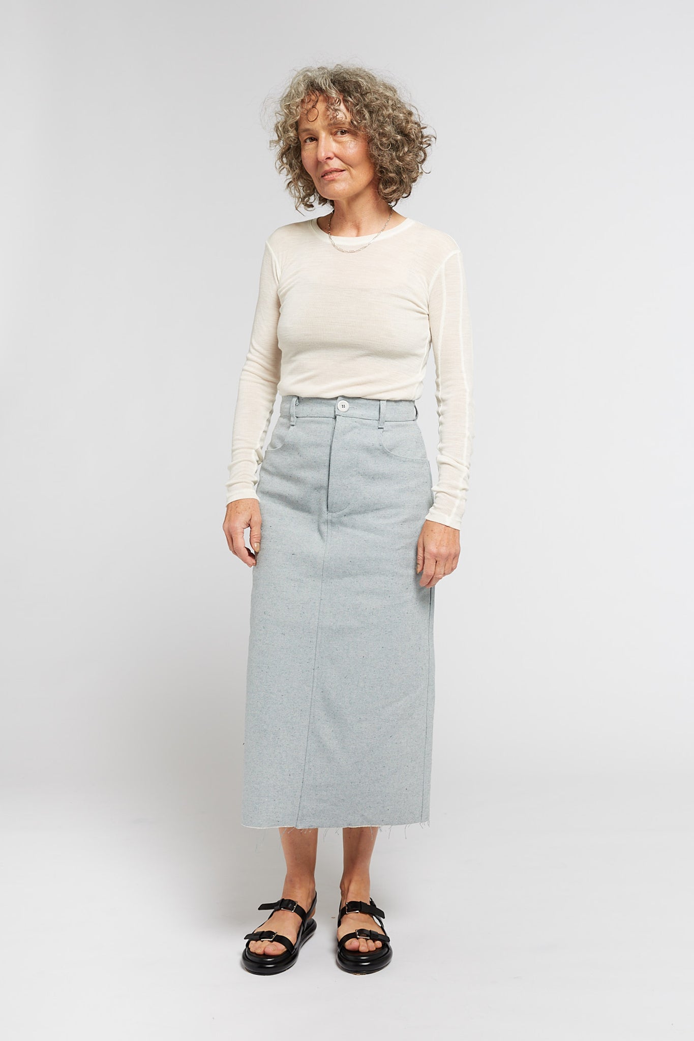 A.BCH A.40 Light Indigo Denim Midi Skirt in Recycled Cotton