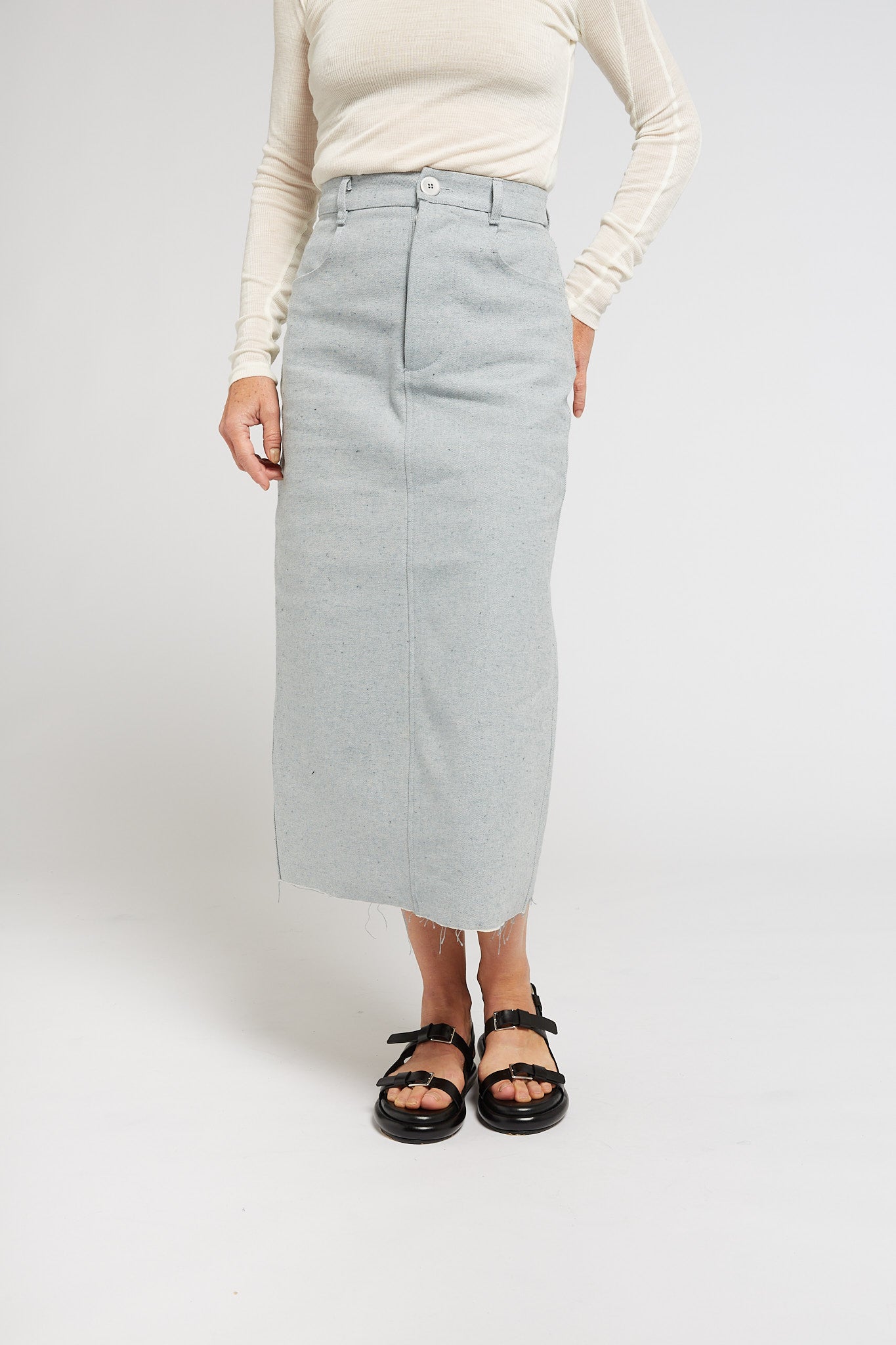 A.BCH A.40 Light Indigo Denim Midi Skirt in Recycled Cotton