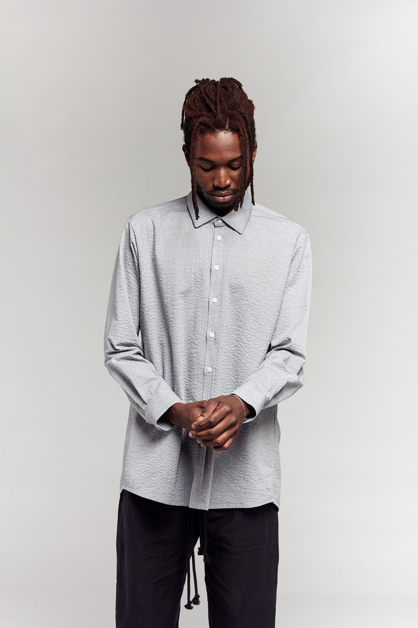 A.BCH A.42 Grey Marle Oversized Shirt in Organic Cotton Seersucker