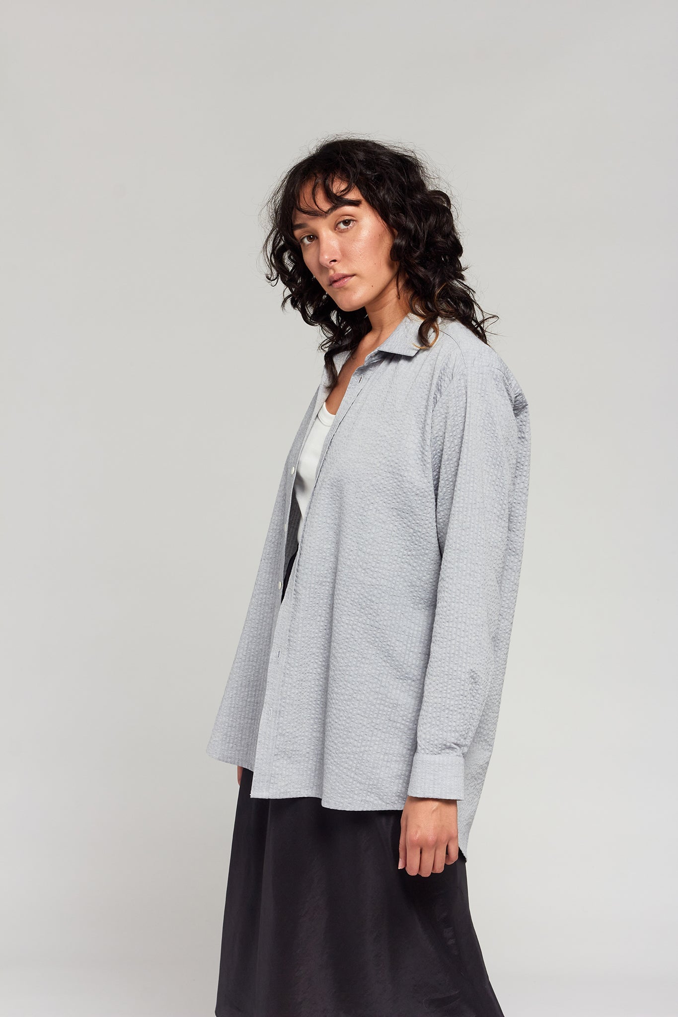 A.BCH A.42 Grey Marle Oversized Shirt in Organic Cotton Seersucker