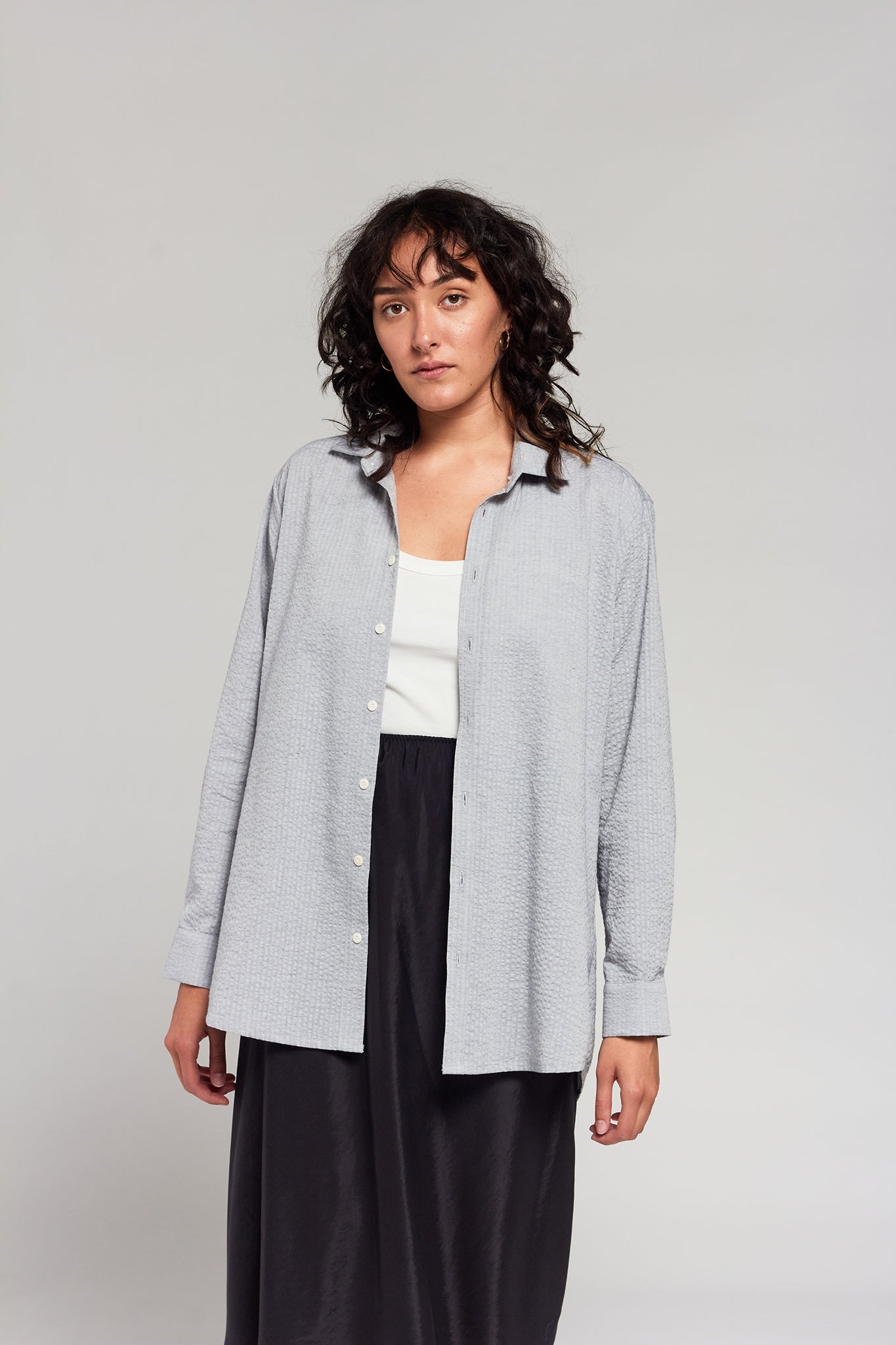 A.BCH A.42 Grey Marle Oversized Shirt in Organic Cotton Seersucker