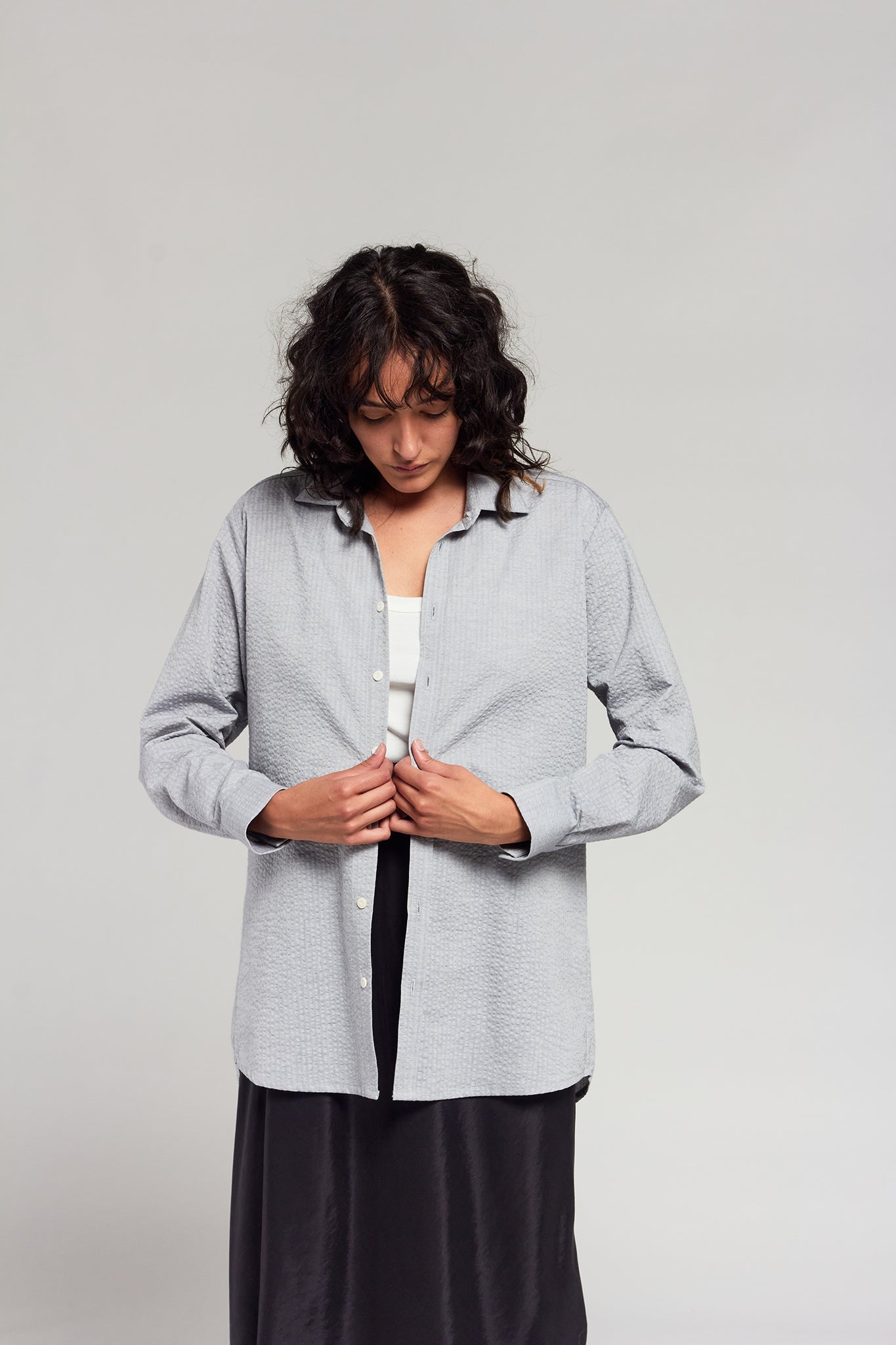 A.BCH A.42 Grey Marle Oversized Shirt in Organic Cotton Seersucker