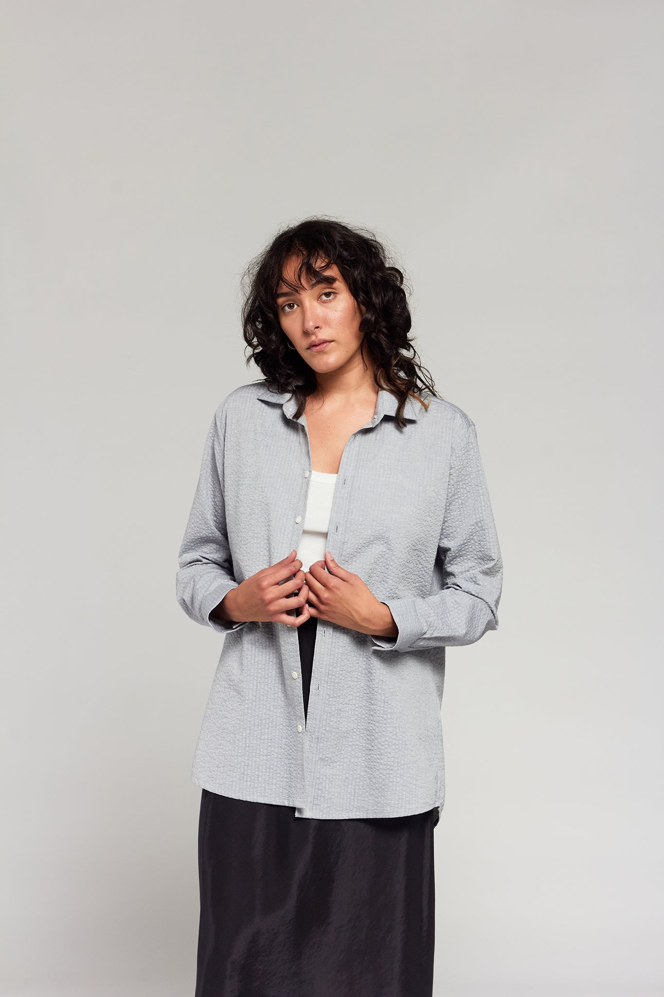 A.BCH A.42 Grey Marle Oversized Shirt in Organic Cotton Seersucker