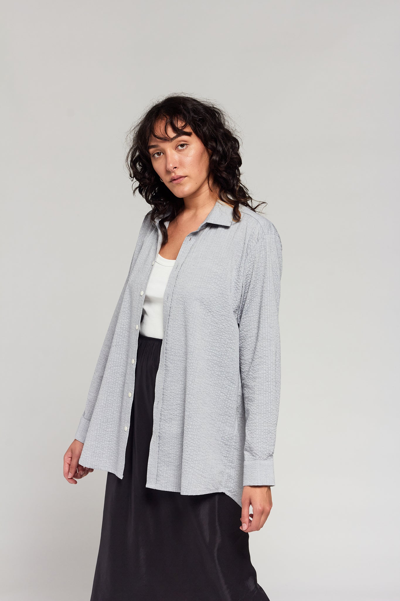 A.BCH A.42 Grey Marle Oversized Shirt in Organic Cotton Seersucker