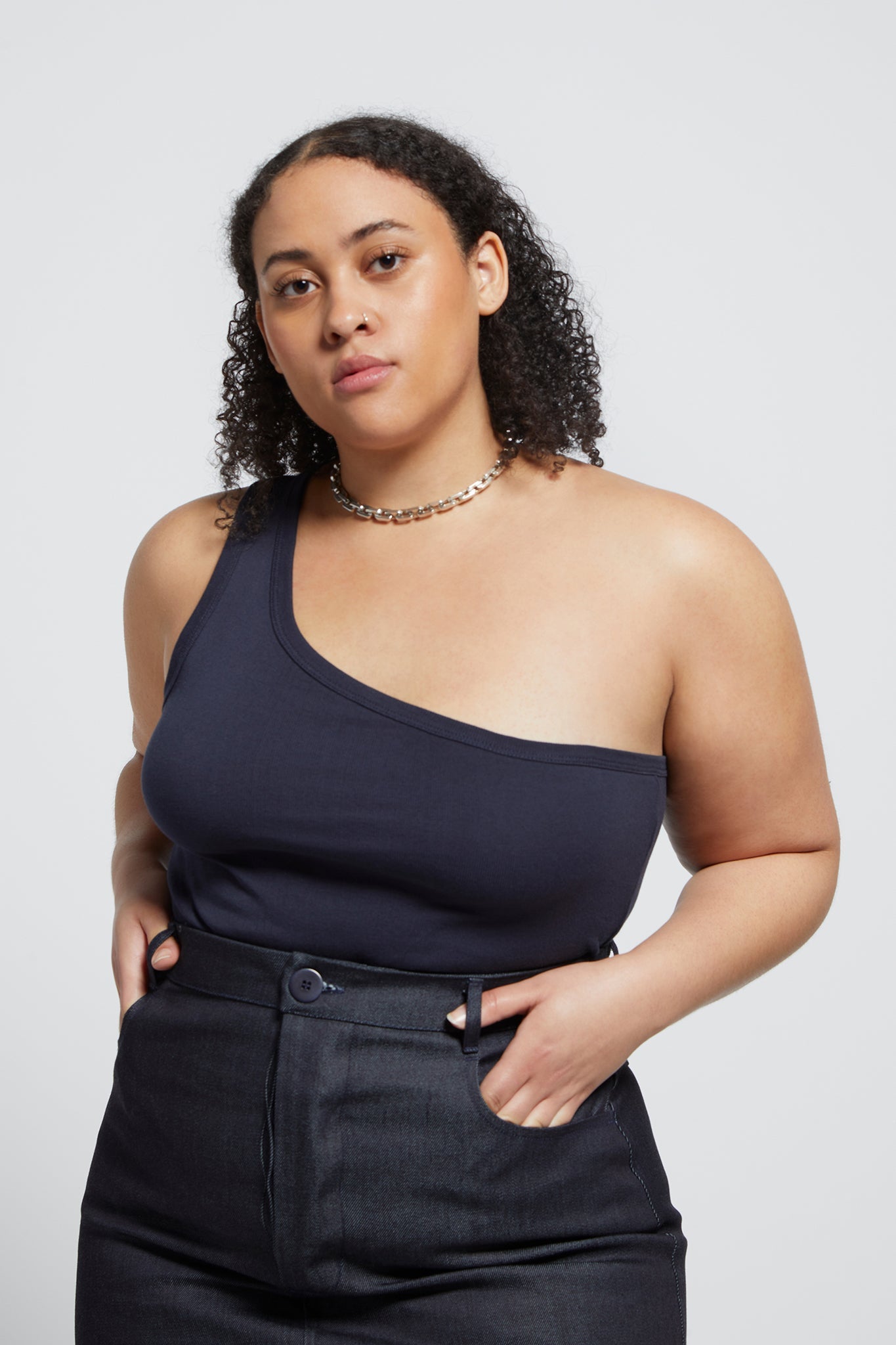 A.BCH A.44 Navy 1 Shoulder Rib Tank in Organic Cotton