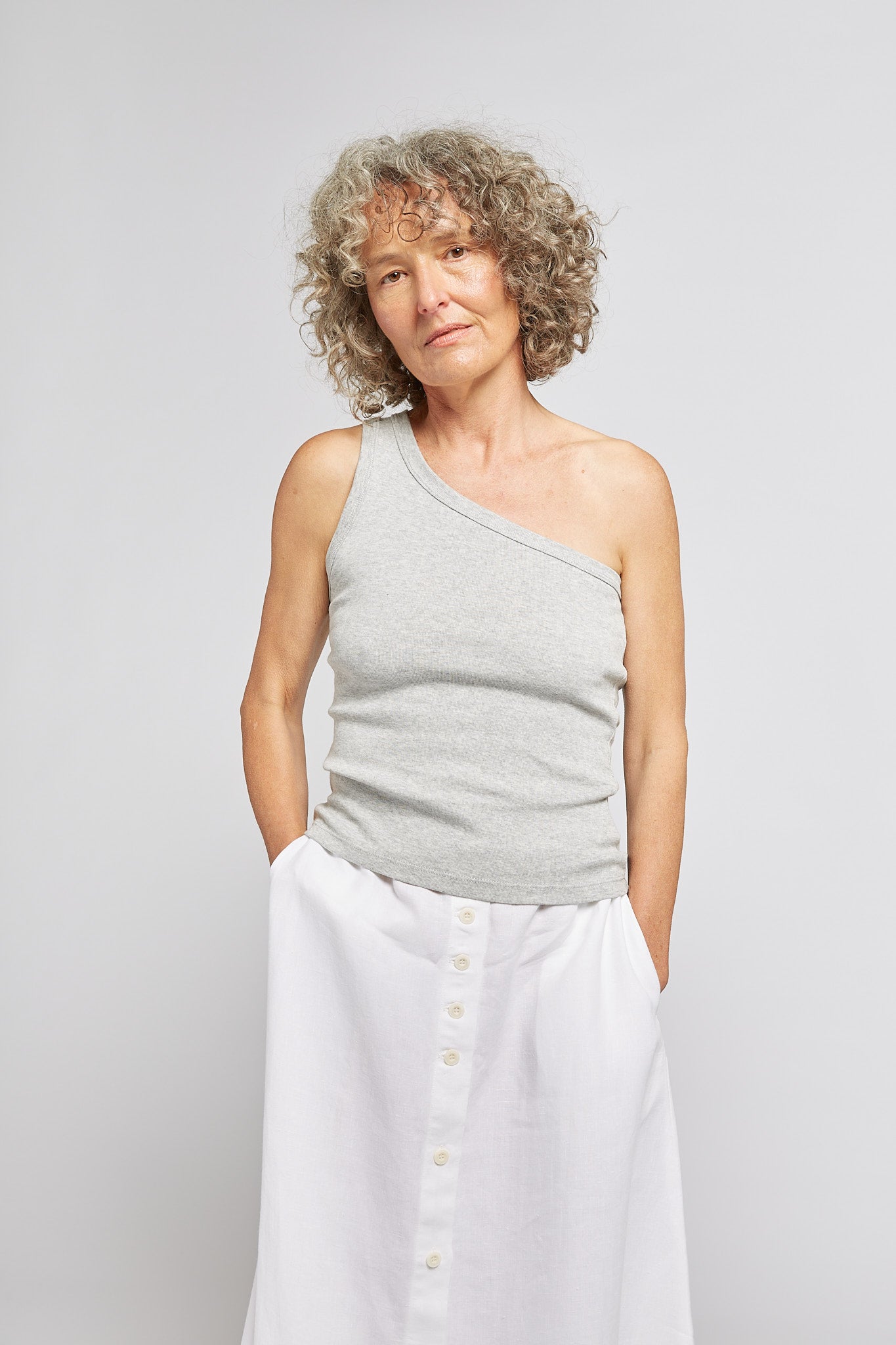 A.BCH A.44 Grey Marle 1 Shoulder Rib Tank in Organic Cotton