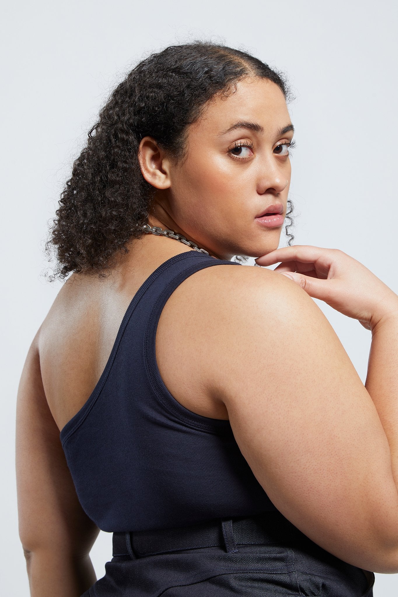 A.BCH A.44 Navy 1 Shoulder Rib Tank in Organic Cotton