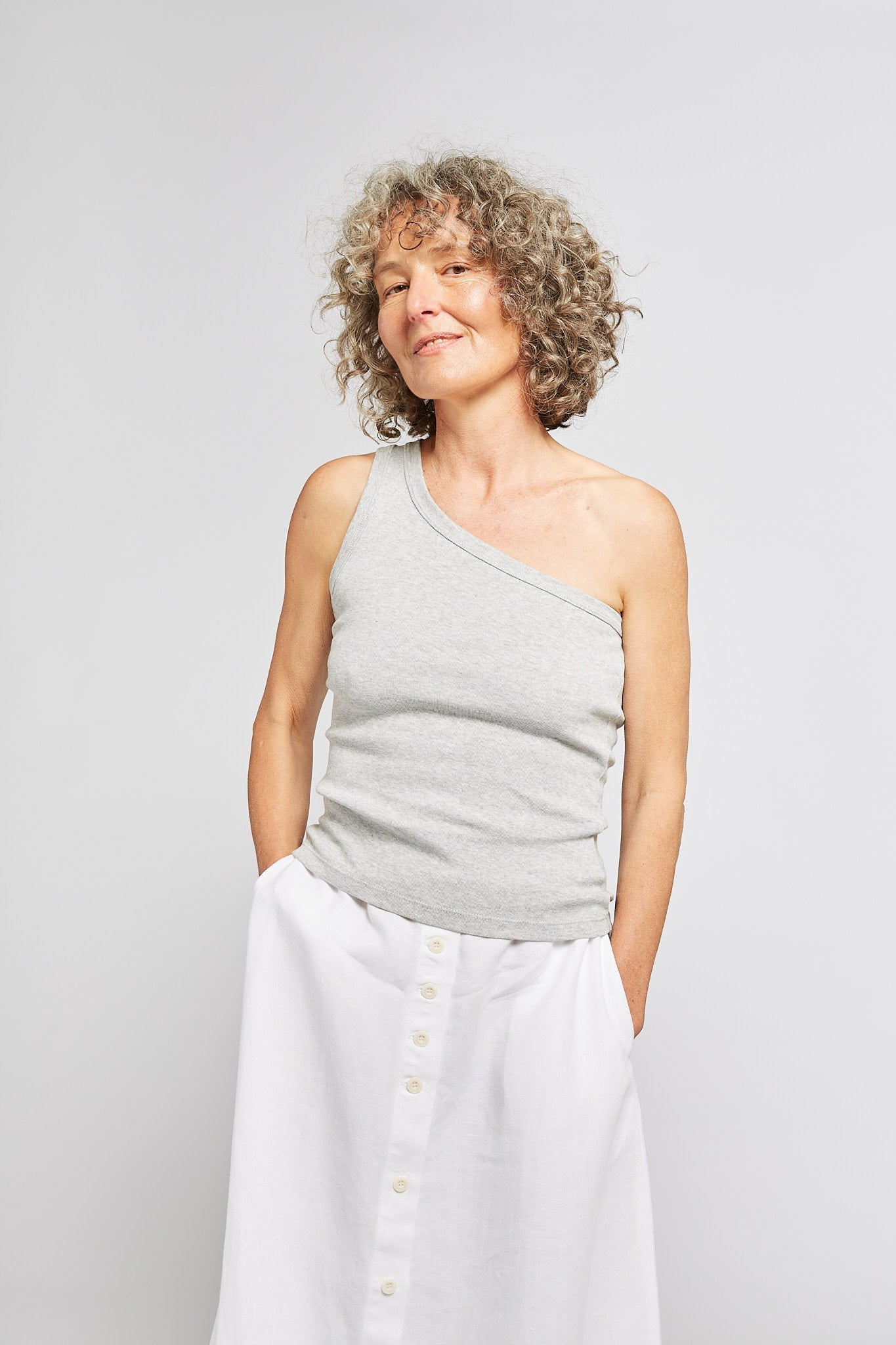 A.BCH A.44 Grey Marle 1 Shoulder Rib Tank in Organic Cotton