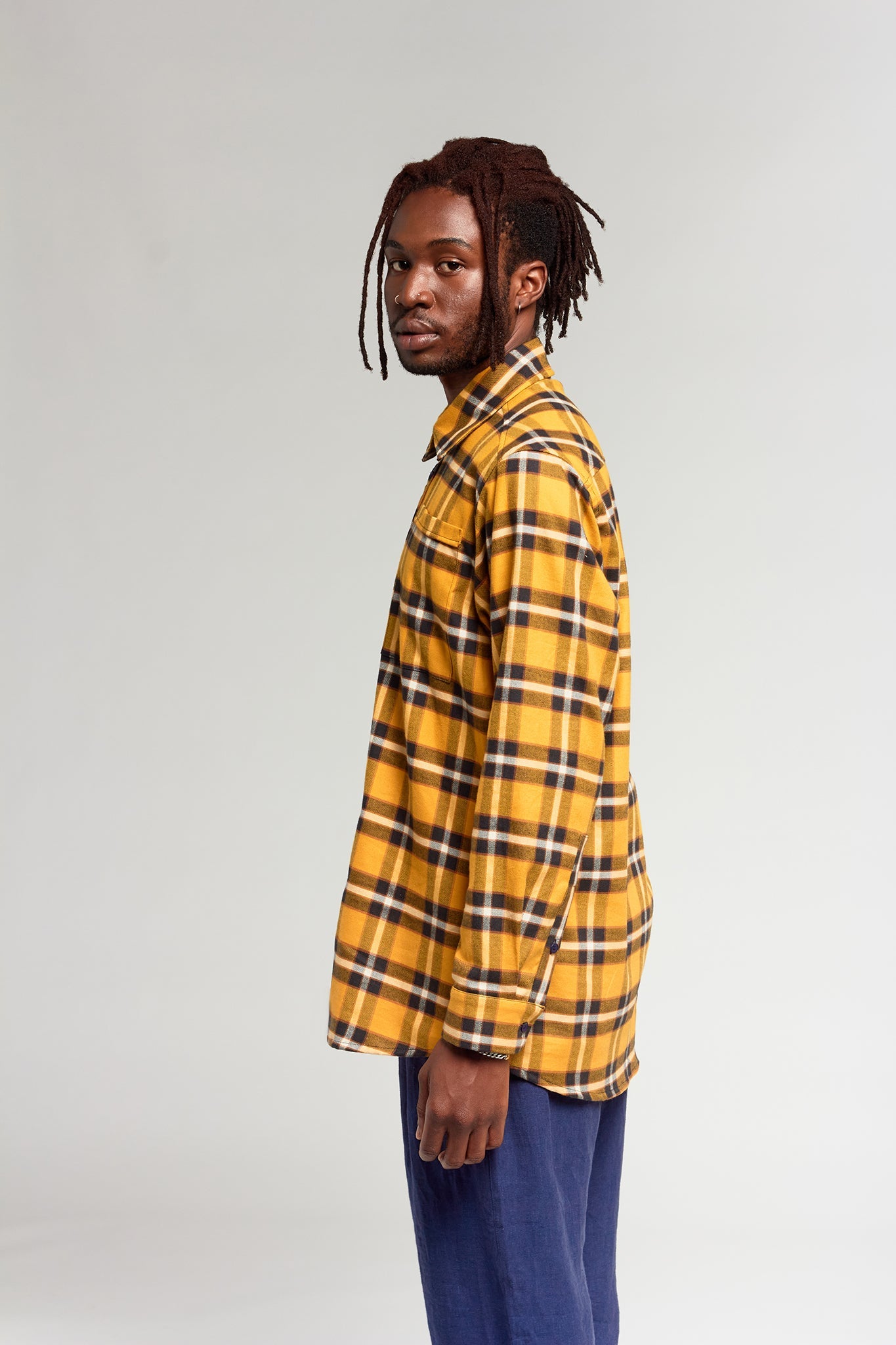 A.BCH A.46 Navy Marigold Plaid Fine Flannel Shirt in Japanese Organic Cotton