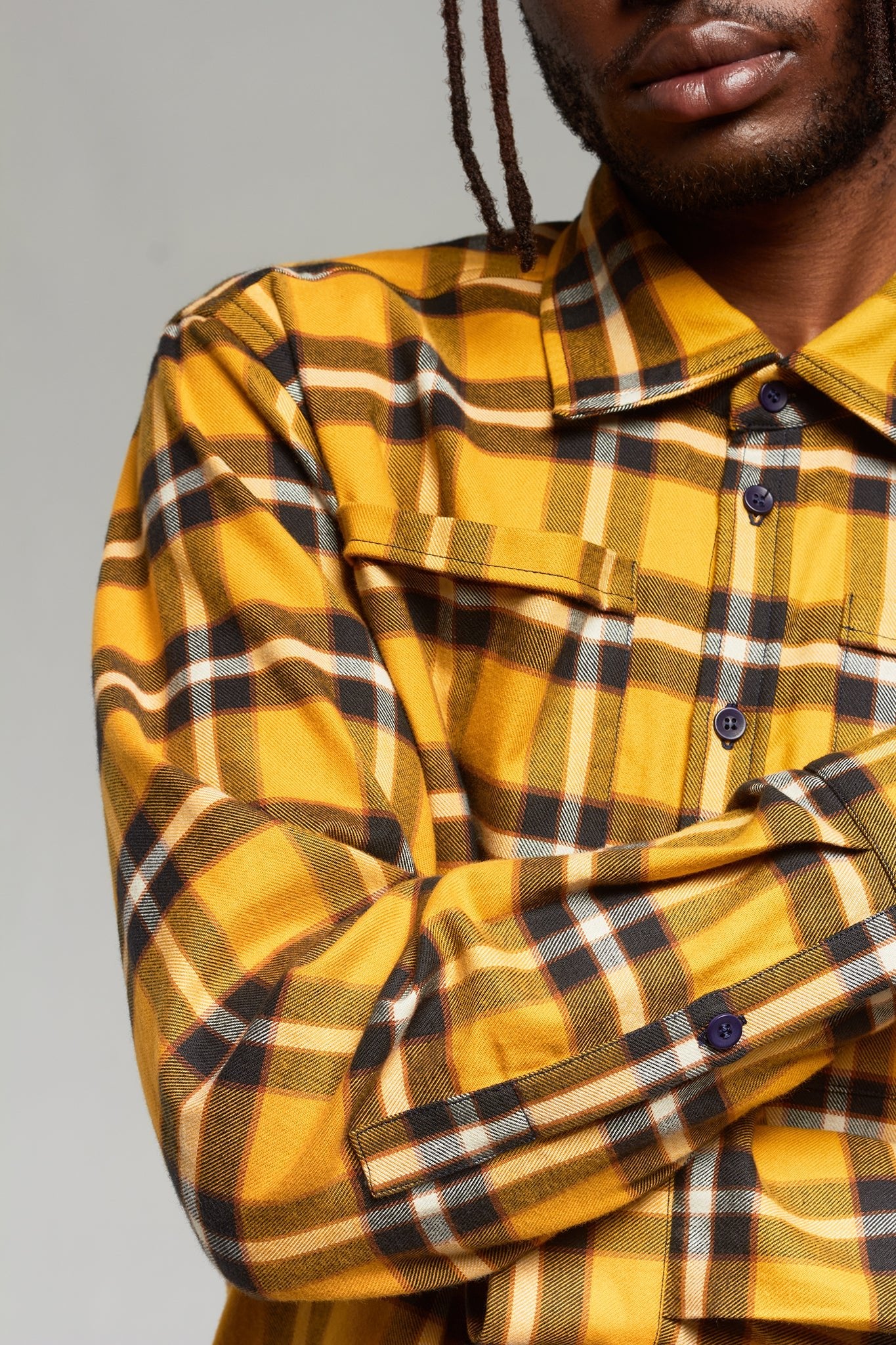 A.BCH A.46 Navy Marigold Plaid Fine Flannel Shirt in Japanese Organic Cotton