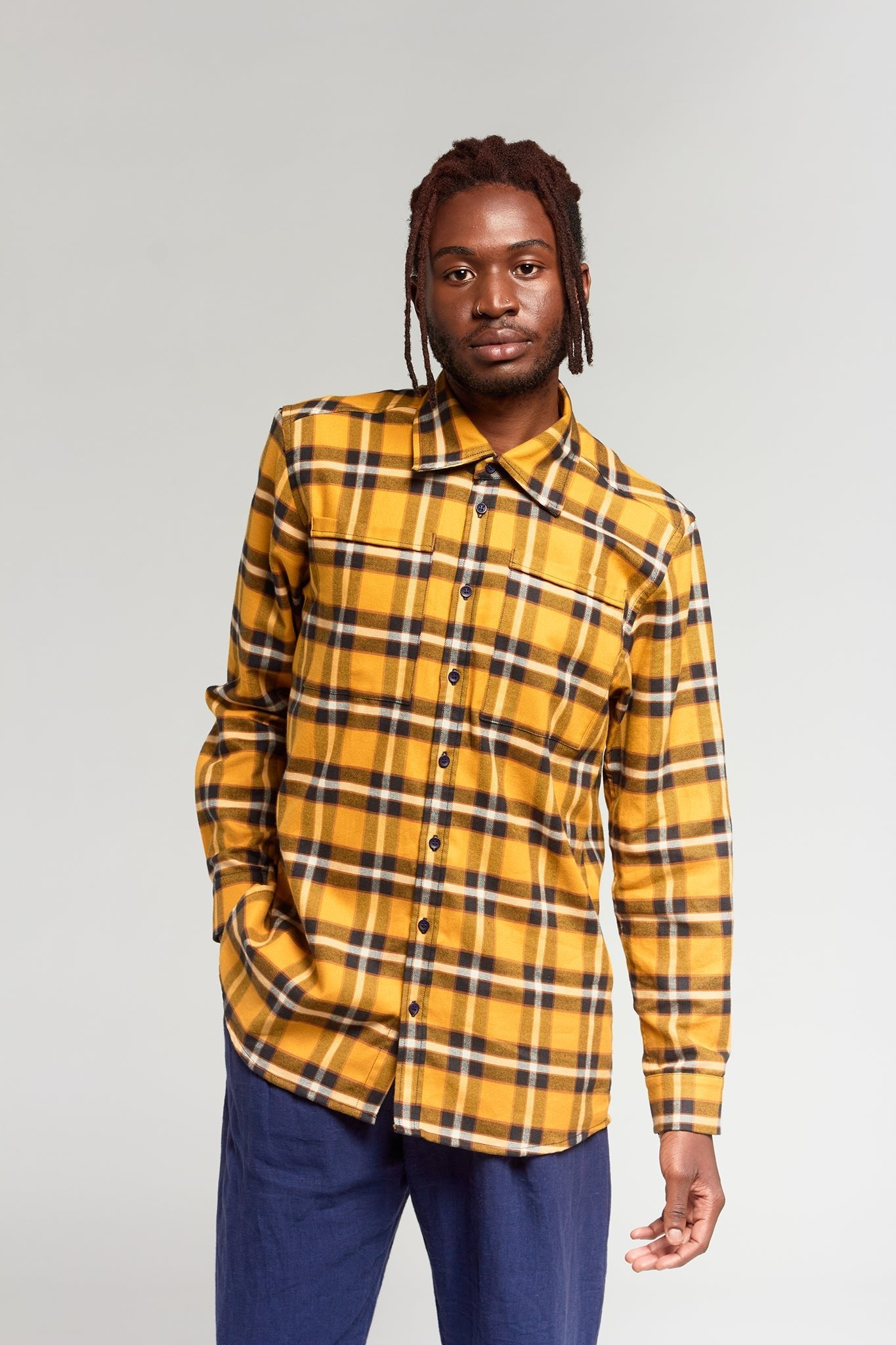 A.BCH A.46 Navy Marigold Plaid Fine Flannel Shirt in Japanese Organic Cotton