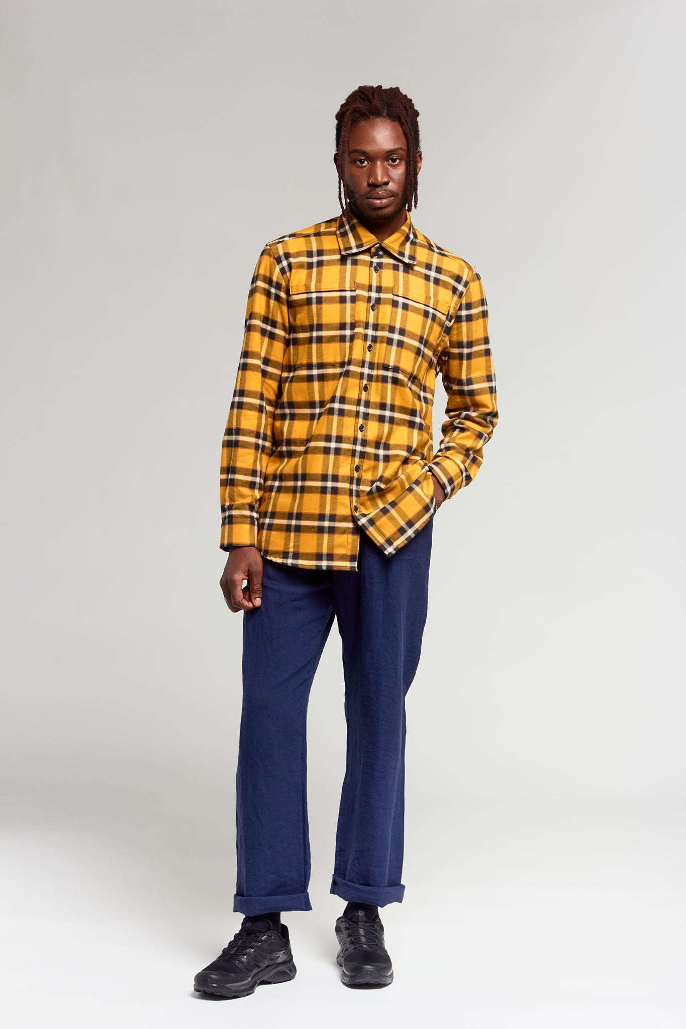 A.BCH A.46 Navy Marigold Plaid Fine Flannel Shirt in Japanese Organic Cotton